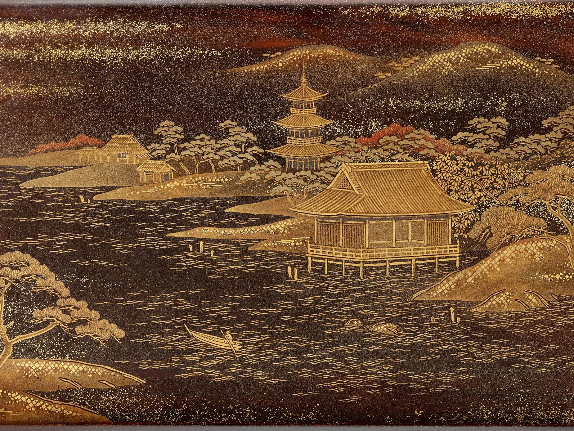 ZOHIKO: A LACQUER KOBAKO (SMALL BOX) AND COVER DEPICTING A SEASHORE LANDSCAPE WITH PAGODA - Image 4 of 9