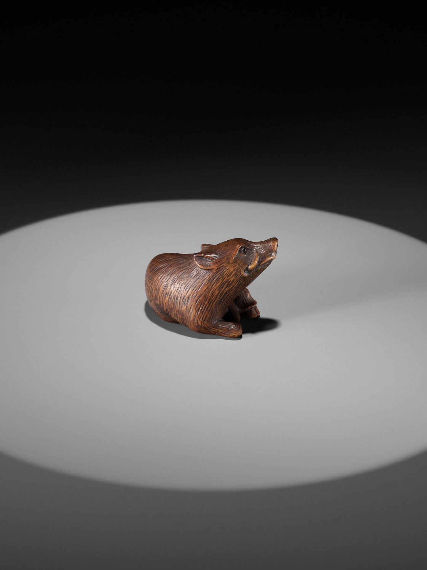 A WOOD NETSUKE OF A RECUMBENT BOAR, INSCRIBED MASANAO - Image 8 of 14