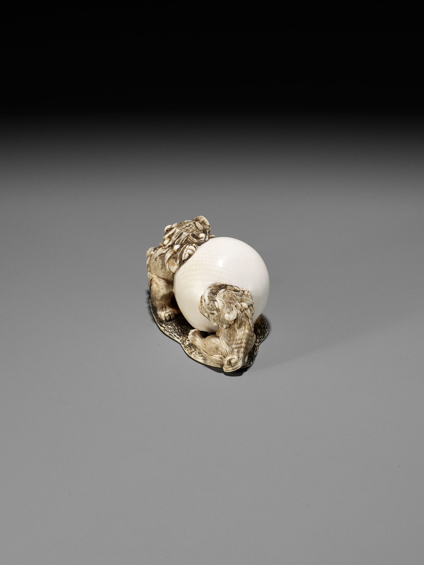 AN IVORY NETSUKE OF TWO SHISHI WITH LARGE BALL - Image 6 of 11