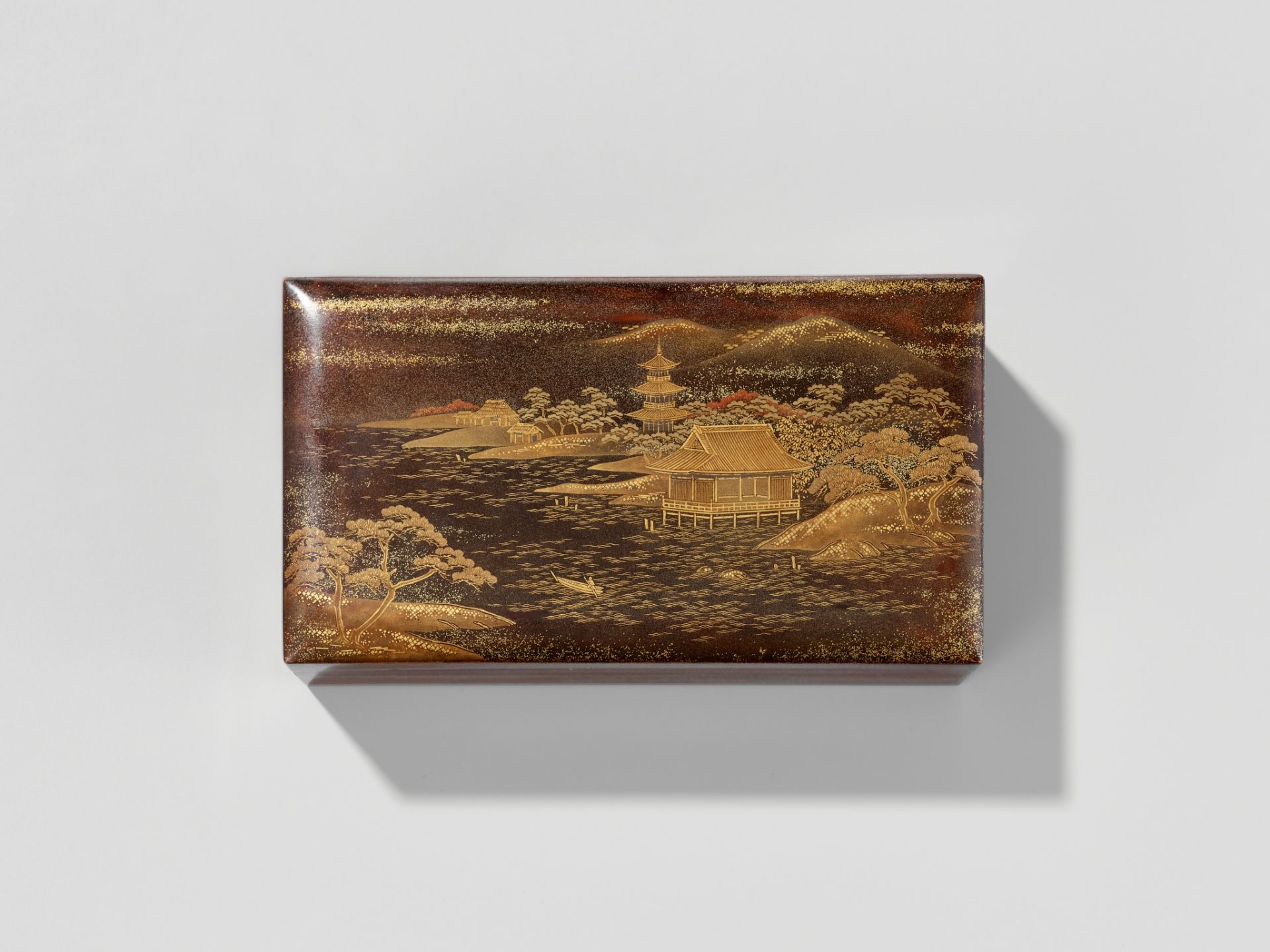 ZOHIKO: A LACQUER KOBAKO (SMALL BOX) AND COVER DEPICTING A SEASHORE LANDSCAPE WITH PAGODA - Image 8 of 9