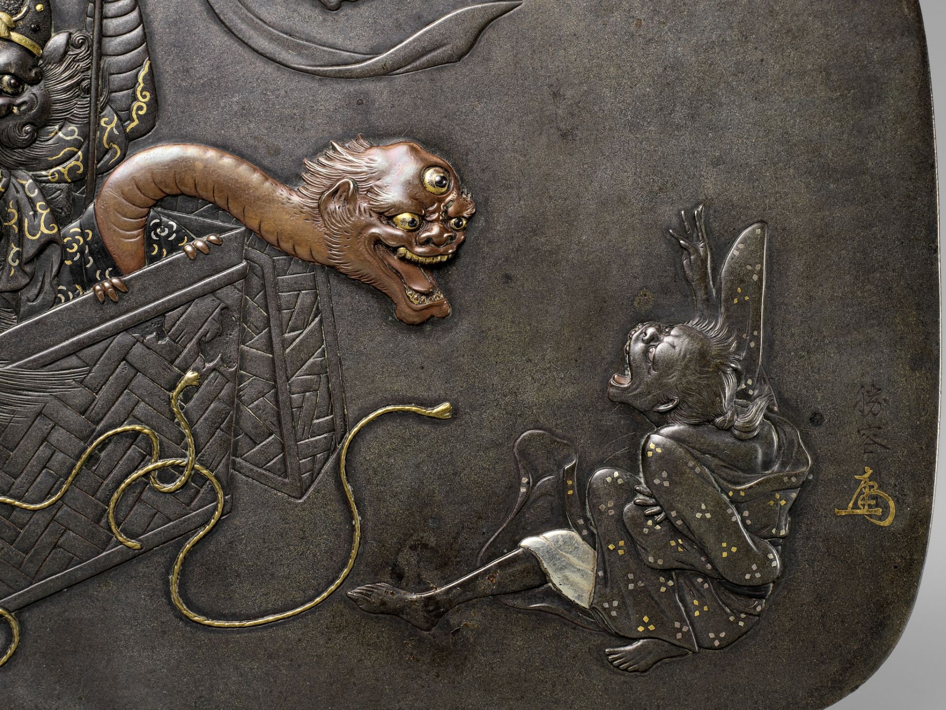 KATSUHIRO: A SUPERB MIXED METAL PLAQUE DEPICTING ARABABA AND THE YOKAI BOX - Image 3 of 5