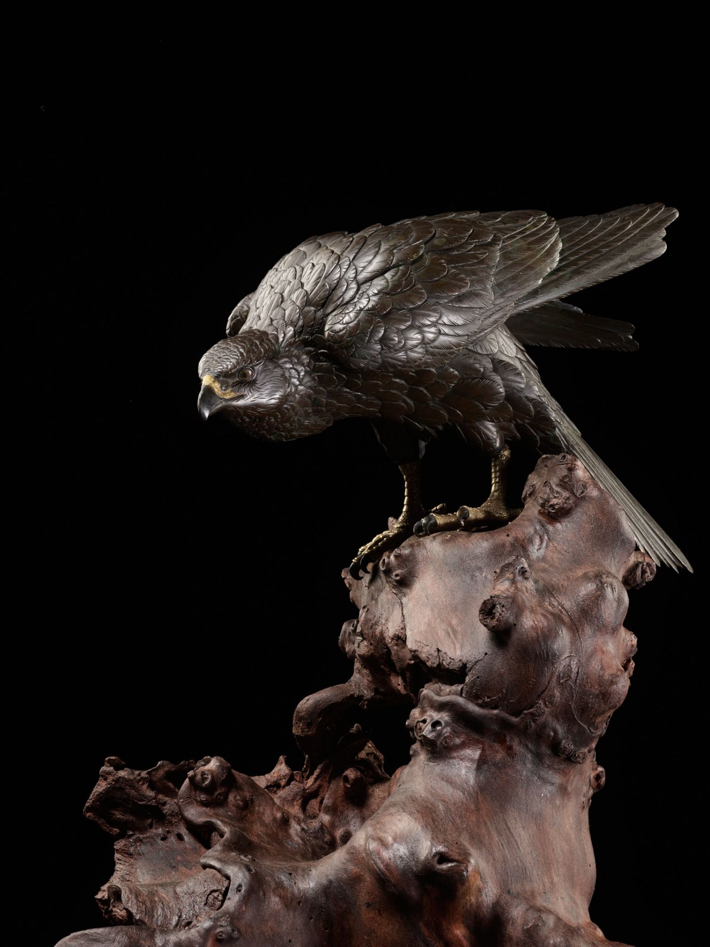 MASATSUNE: A SUPERB AND LARGE BRONZE OKIMONO OF A HAWK ON ROOTWOOD BASE - Image 3 of 13