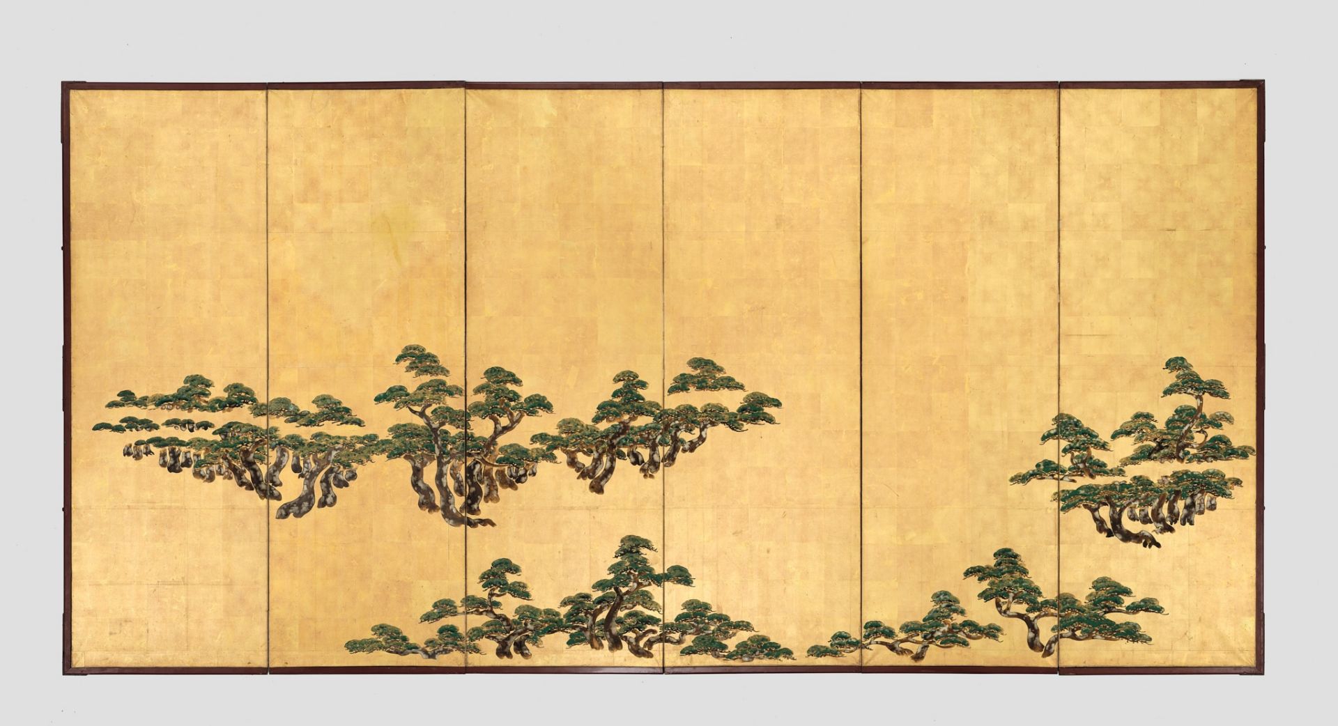 A FINE SIX-PANEL BYOBU SCREEN DEPICTING SNOW COVERED PINES