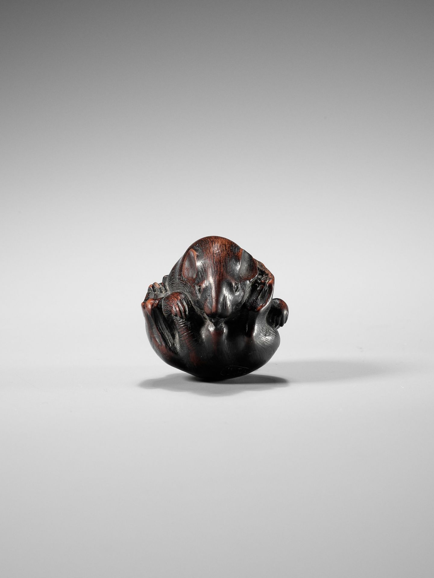 MINICHI: A RARE NAGOYA SCHOOL WOOD NETSUKE OF A COILED RAT LICKING ITSELF - Image 8 of 10