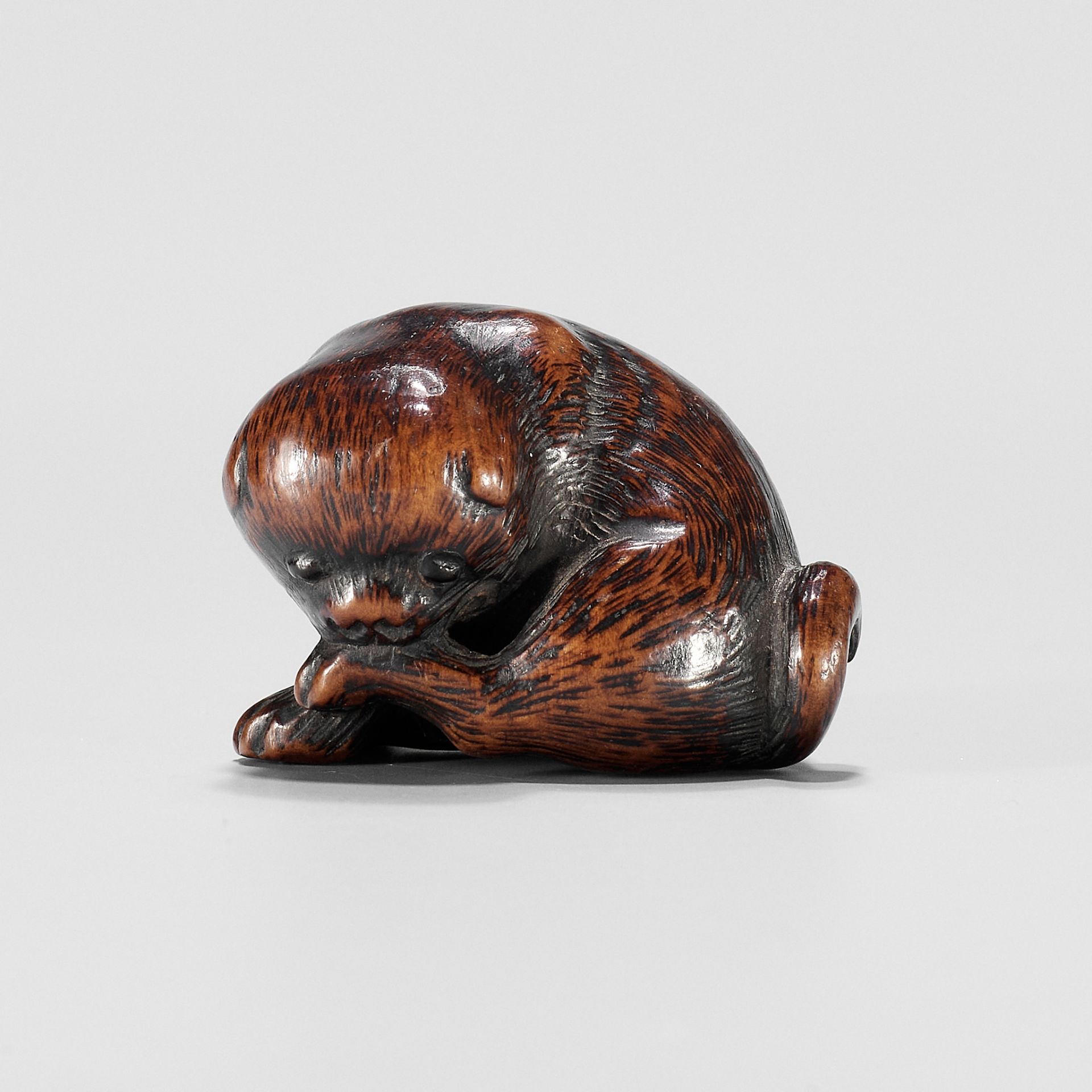 A WOOD NETSUKE OF A PUPPY