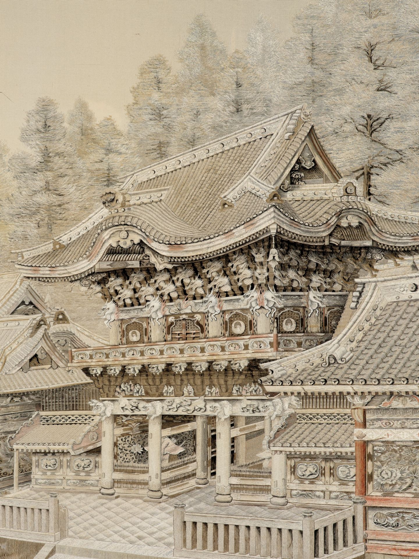 A SUPERBLY EMBROIDERED PANEL OF YOMEIMON GATE