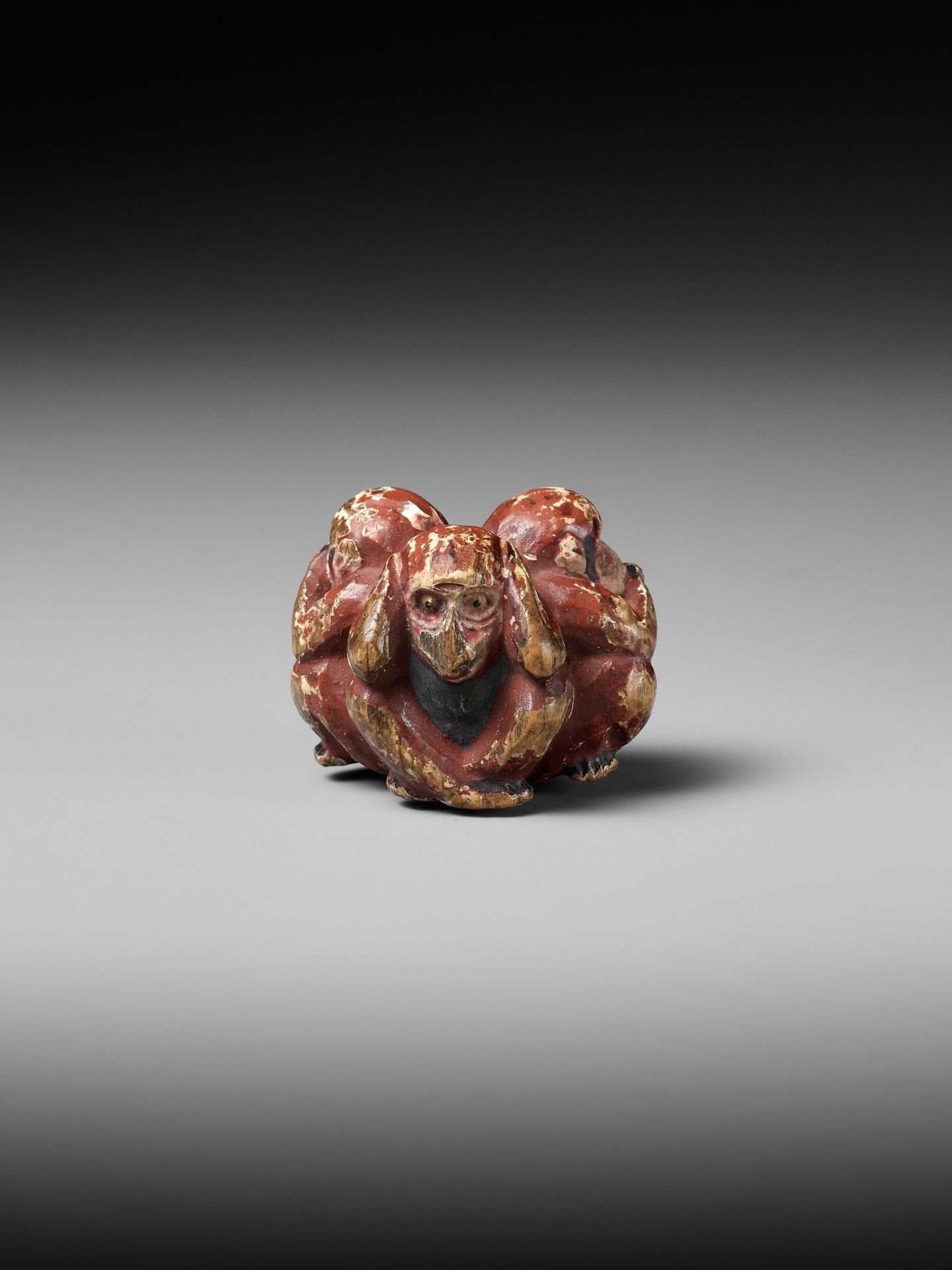 A SAISHIKI (PAINTED WOOD) NETSUKE OF THE SAMBIKI SARU (THREE WISE MONKEYS) - Image 9 of 12