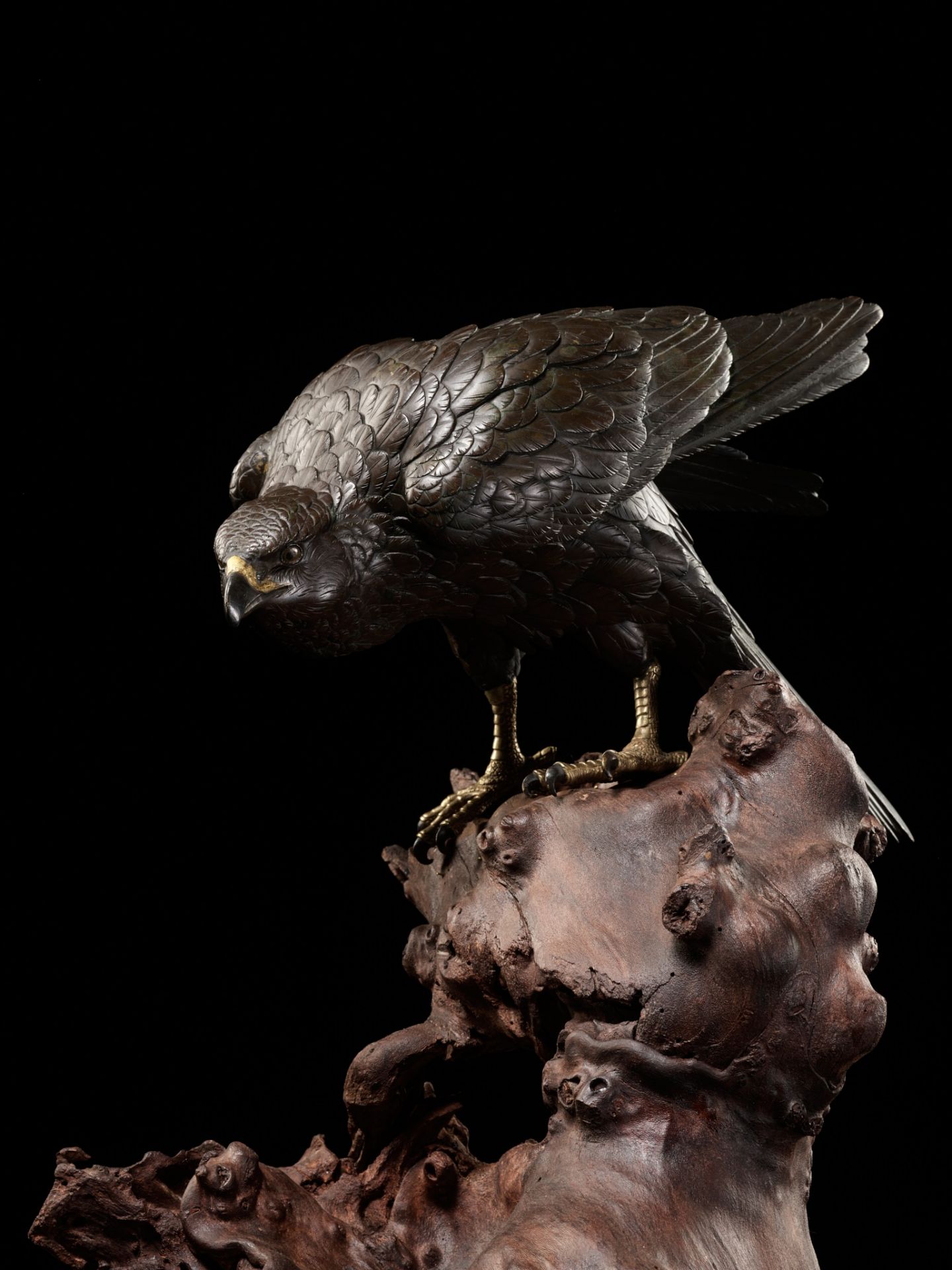 MASATSUNE: A SUPERB AND LARGE BRONZE OKIMONO OF A HAWK ON ROOTWOOD BASE - Image 13 of 13