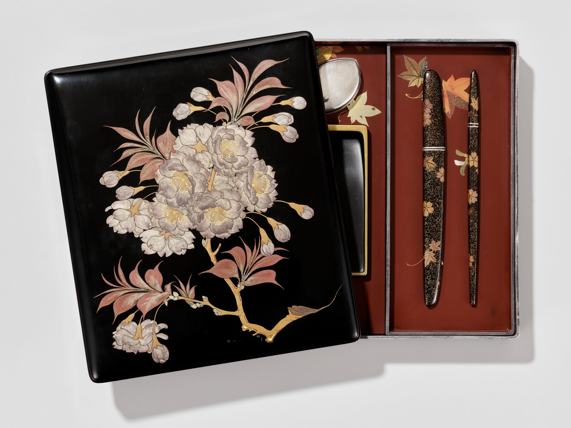 A LACQUER SUZURIBAKOO DEPICTING BLOSSOMING BELLFLOWERS (KIKYO) AND MAPLE LEAVES