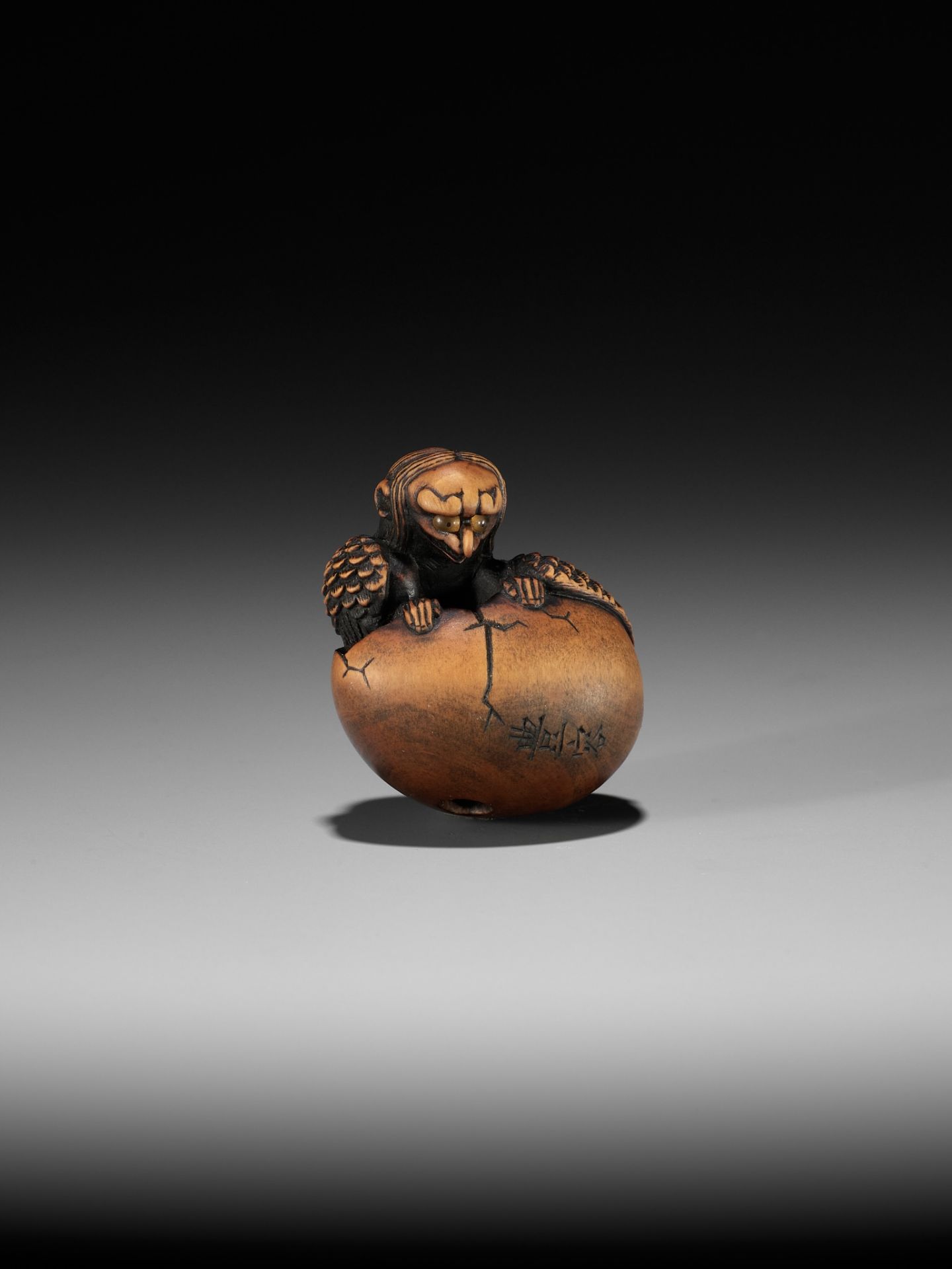 TOYOYO: A WOOD NETSUKE OF A HATCHING TENGU (TENGU NO TOMAGO) - Image 10 of 14