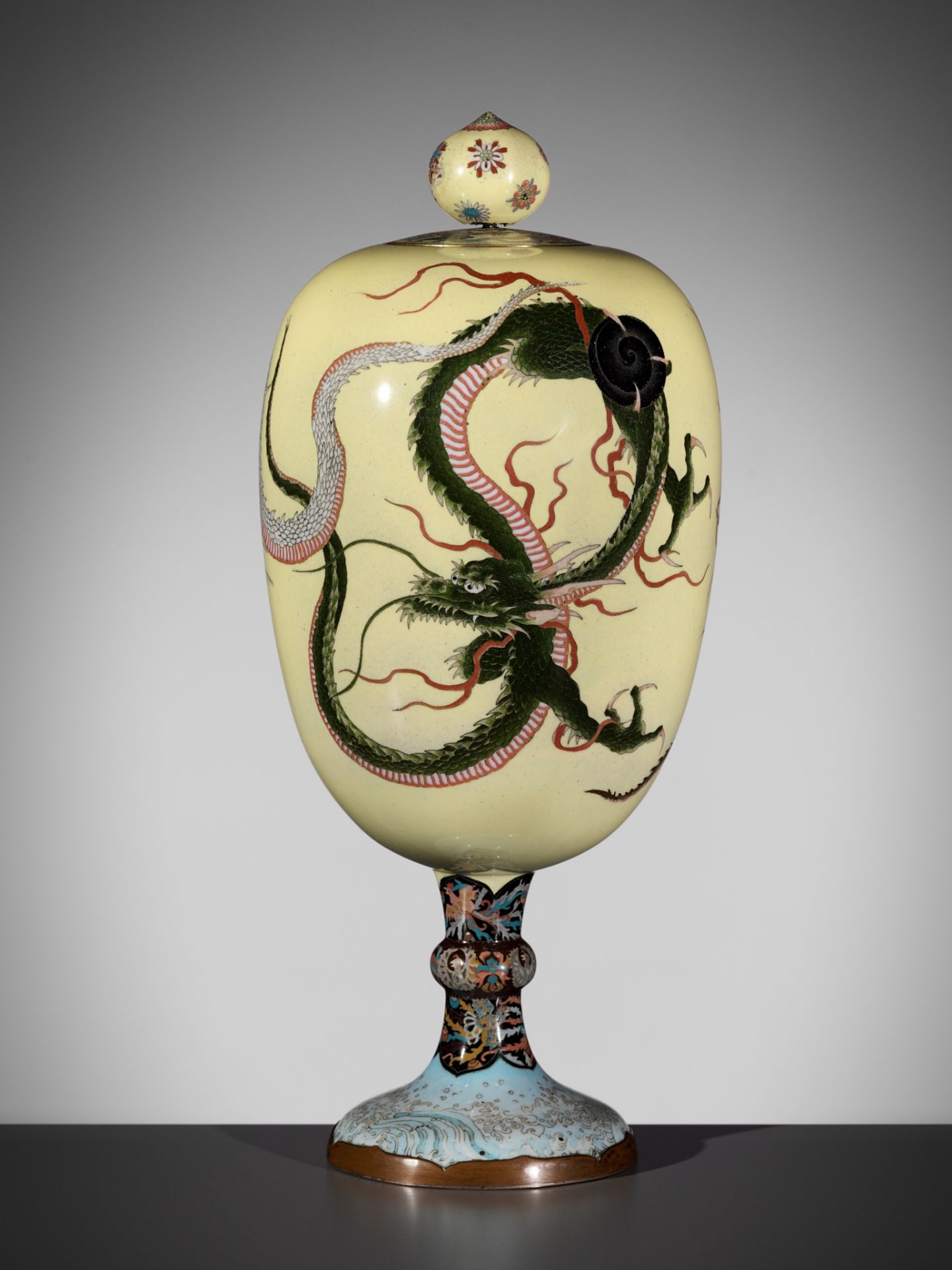 A CLOISONNÃ‰ ENAMEL VASE AND COVER WITH DRAGONS AND HO-O