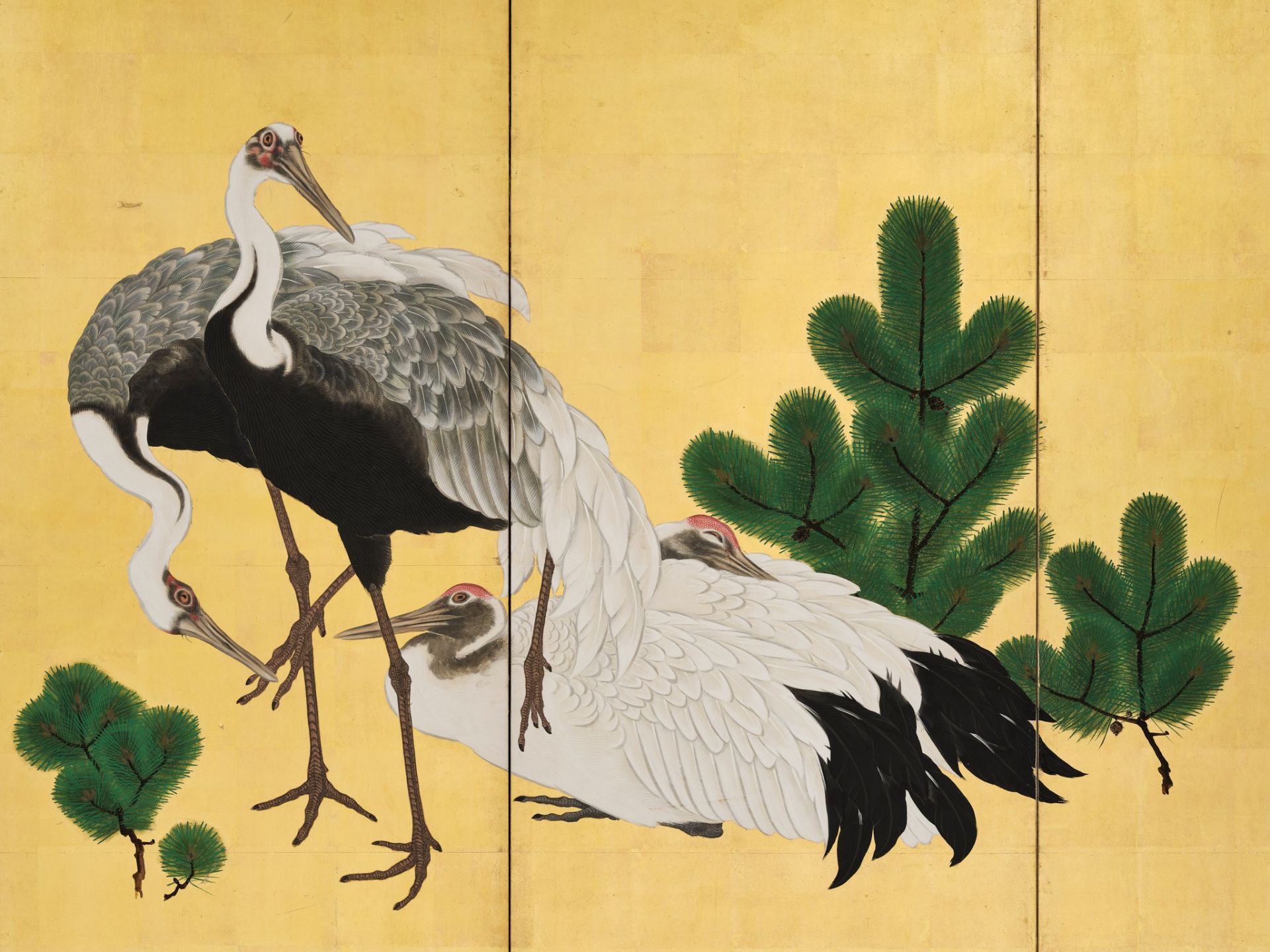 KISHI GANRYO (1798-1852): A BEAUTIFUL SIX-PANEL BYOBU SCREEN DEPICTING CRANES AND PINES - Image 2 of 4