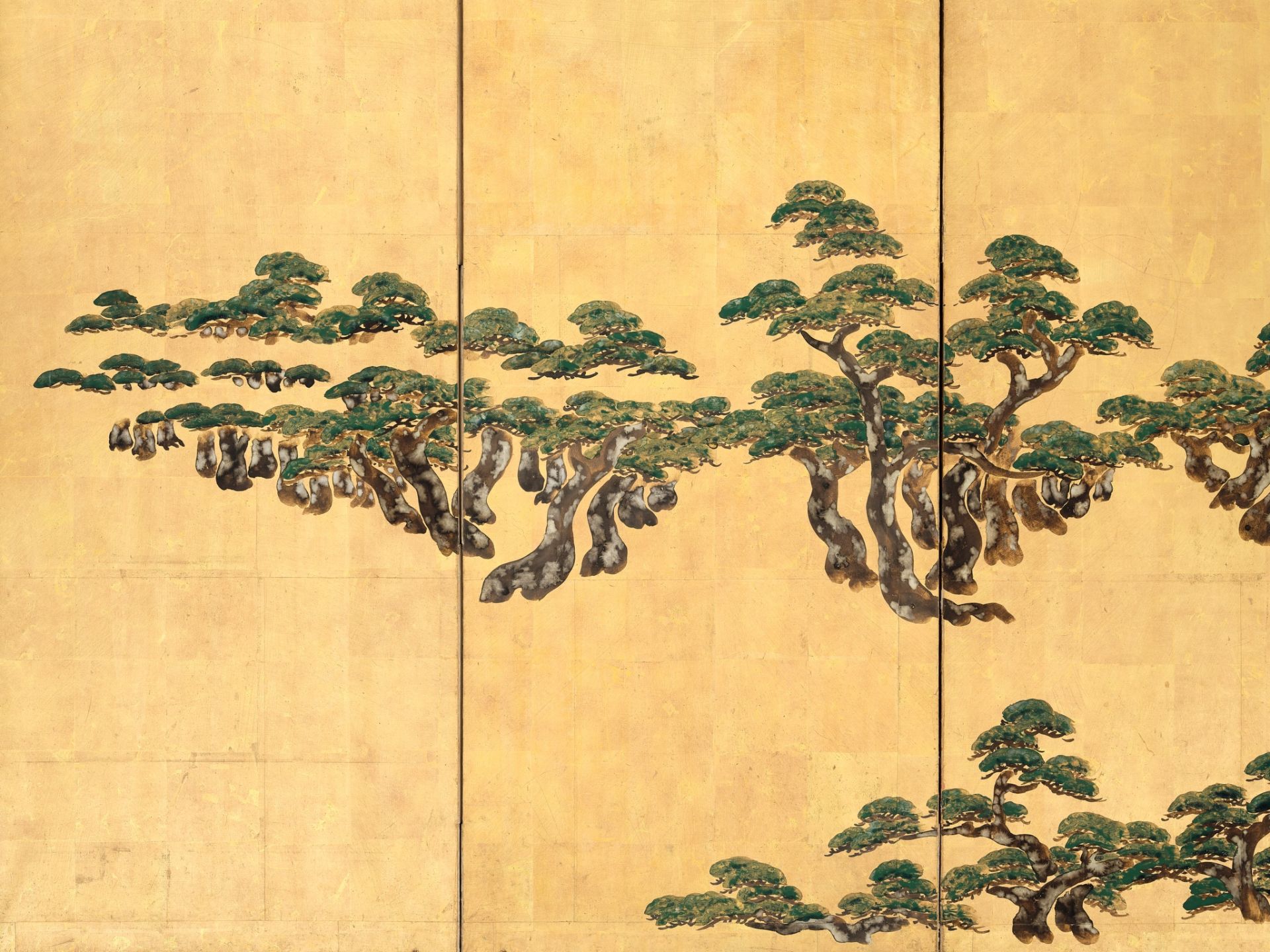 A FINE SIX-PANEL BYOBU SCREEN DEPICTING SNOW COVERED PINES - Image 3 of 4