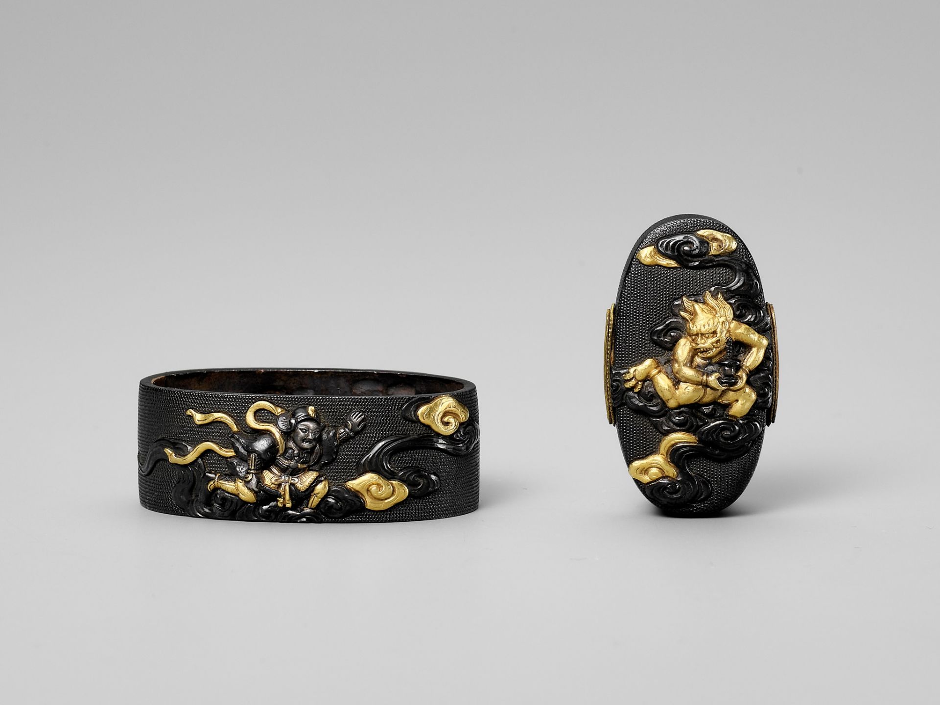 HIDEMASA: A FINE SHAKUDO NANAKO FUCHI AND KASHIRA WITH BISHAMONTEN PURSUING AN ONI