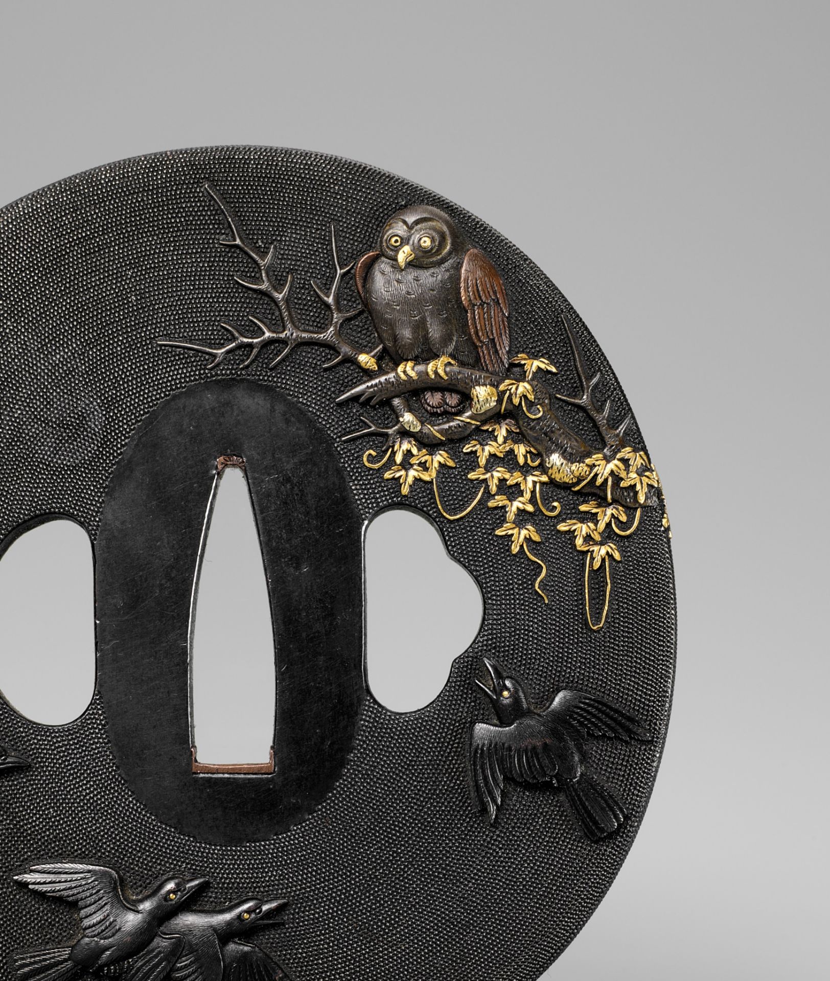 MASAYOSHI: A SUPERB ISHIGURO SCHOOL NANAKO SHAKUDO TSUBA DAISHO SET WITH CROWS AND OWLS - Bild 3 aus 6