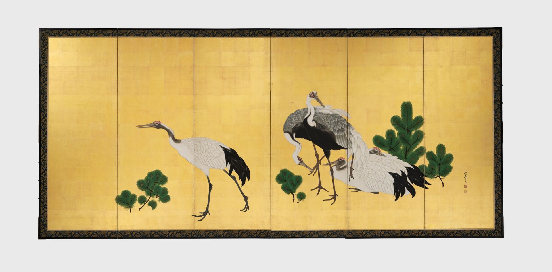 KISHI GANRYO (1798-1852): A BEAUTIFUL SIX-PANEL BYOBU SCREEN DEPICTING CRANES AND PINES