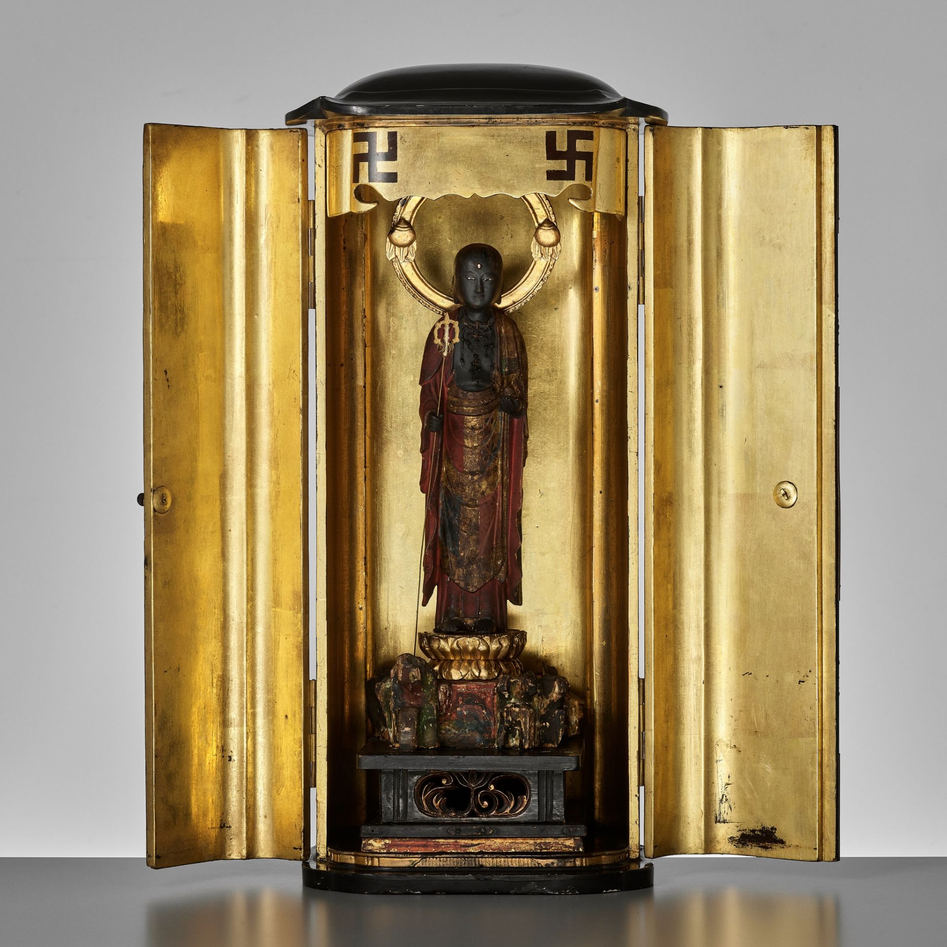 A LARGE PORTABLE SHRINE (ZUSHI) CONTAINING A GILT AND POLYCHROME WOOD FIGURE OF JIZO BOSATSU