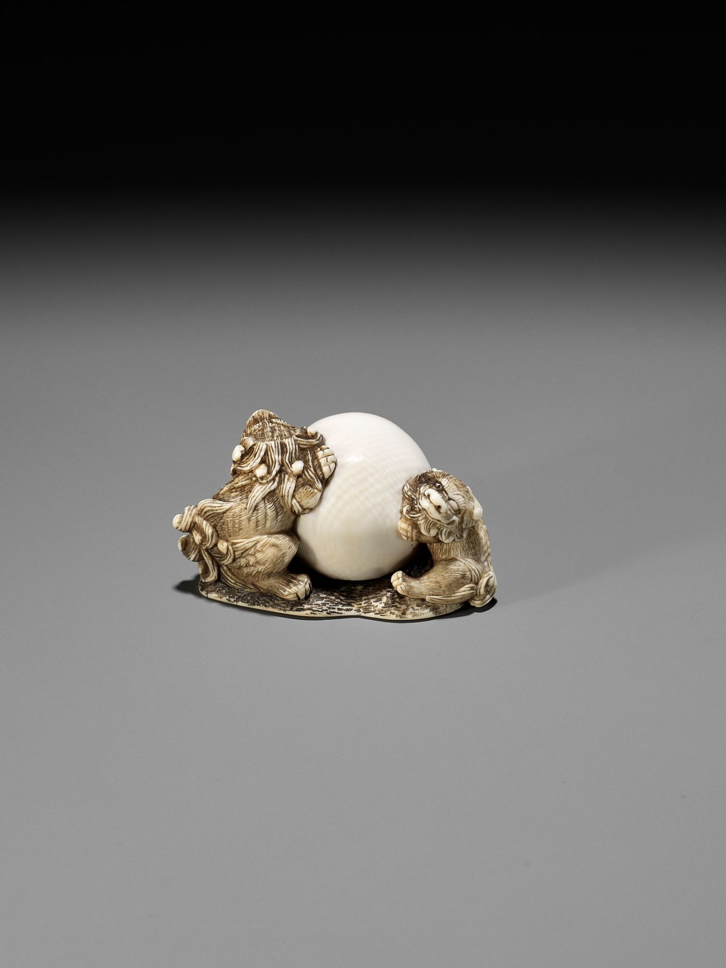 AN IVORY NETSUKE OF TWO SHISHI WITH LARGE BALL - Bild 5 aus 11