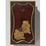 A RARE LACQUERED WOOD SUZURIBAKO (WRITING BOX) DEPICTING A SHISHI AND BUTTERFLY