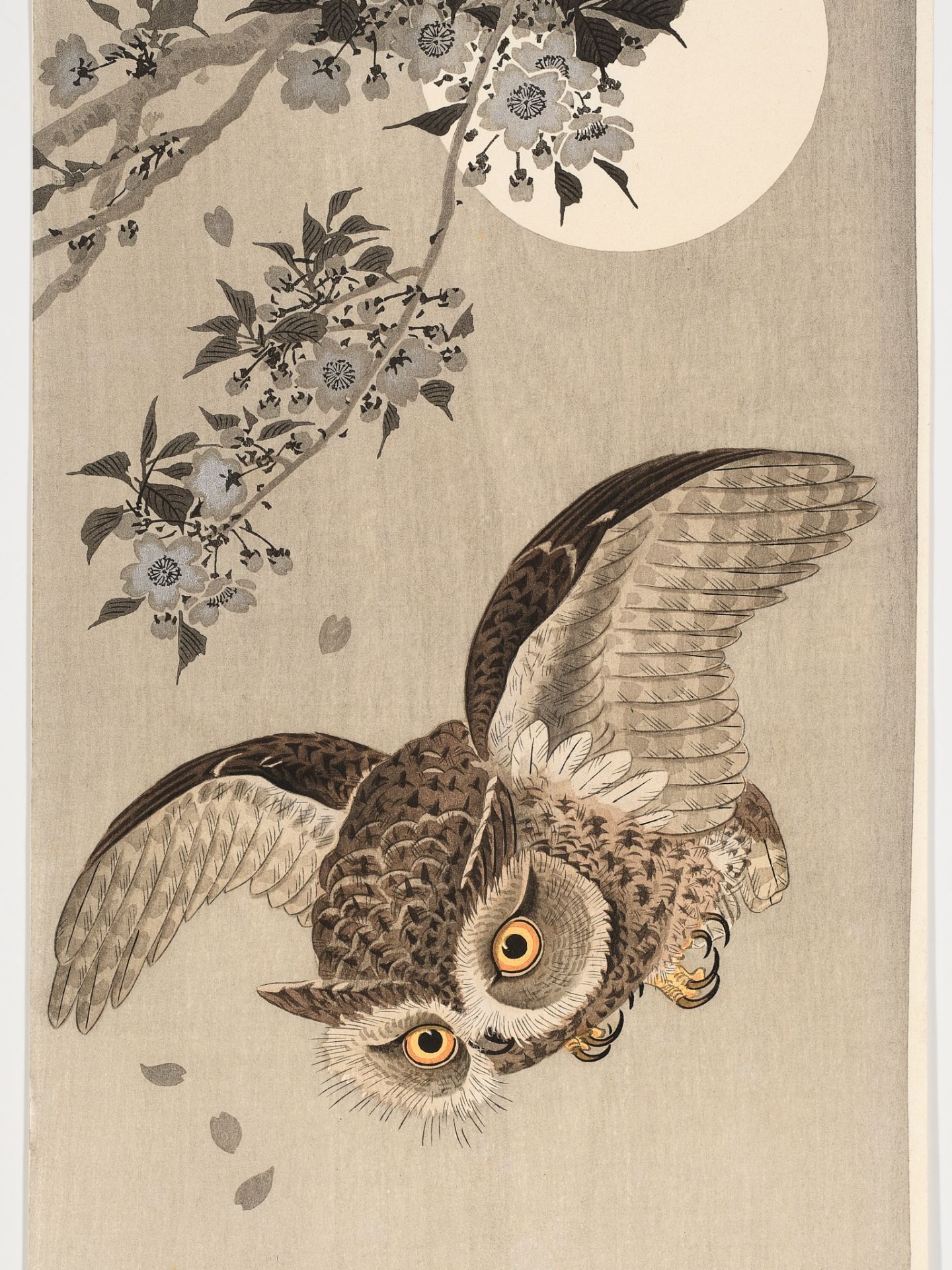 OHARA KOSON (1877-1945), SCOPS OWL IN FLIGHT, CHERRY BLOSSOMS AND FULL MOON - Image 2 of 6