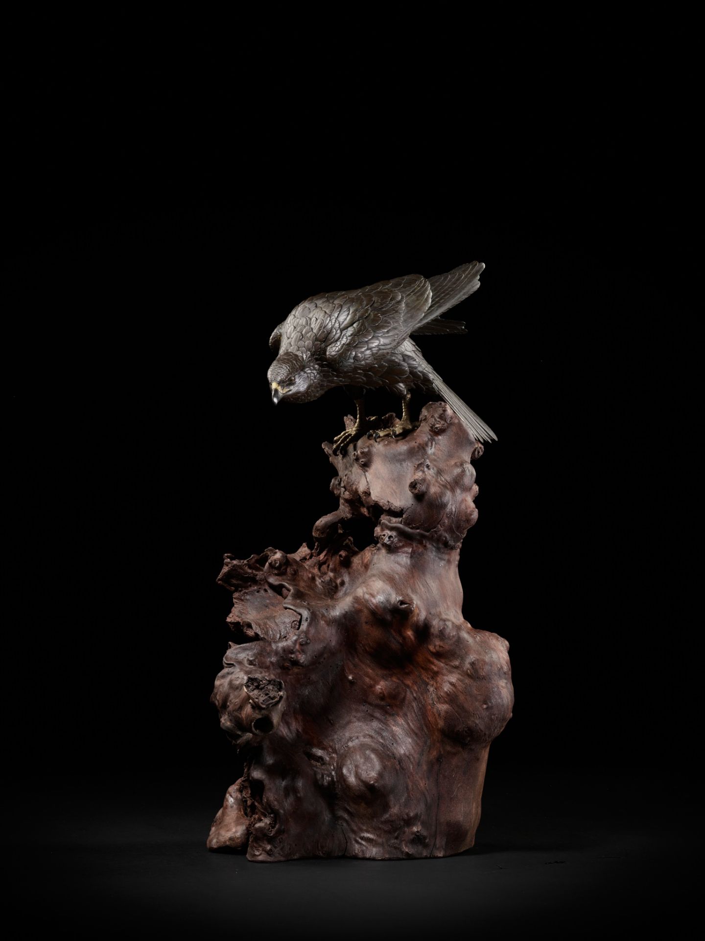 MASATSUNE: A SUPERB AND LARGE BRONZE OKIMONO OF A HAWK ON ROOTWOOD BASE - Image 10 of 13