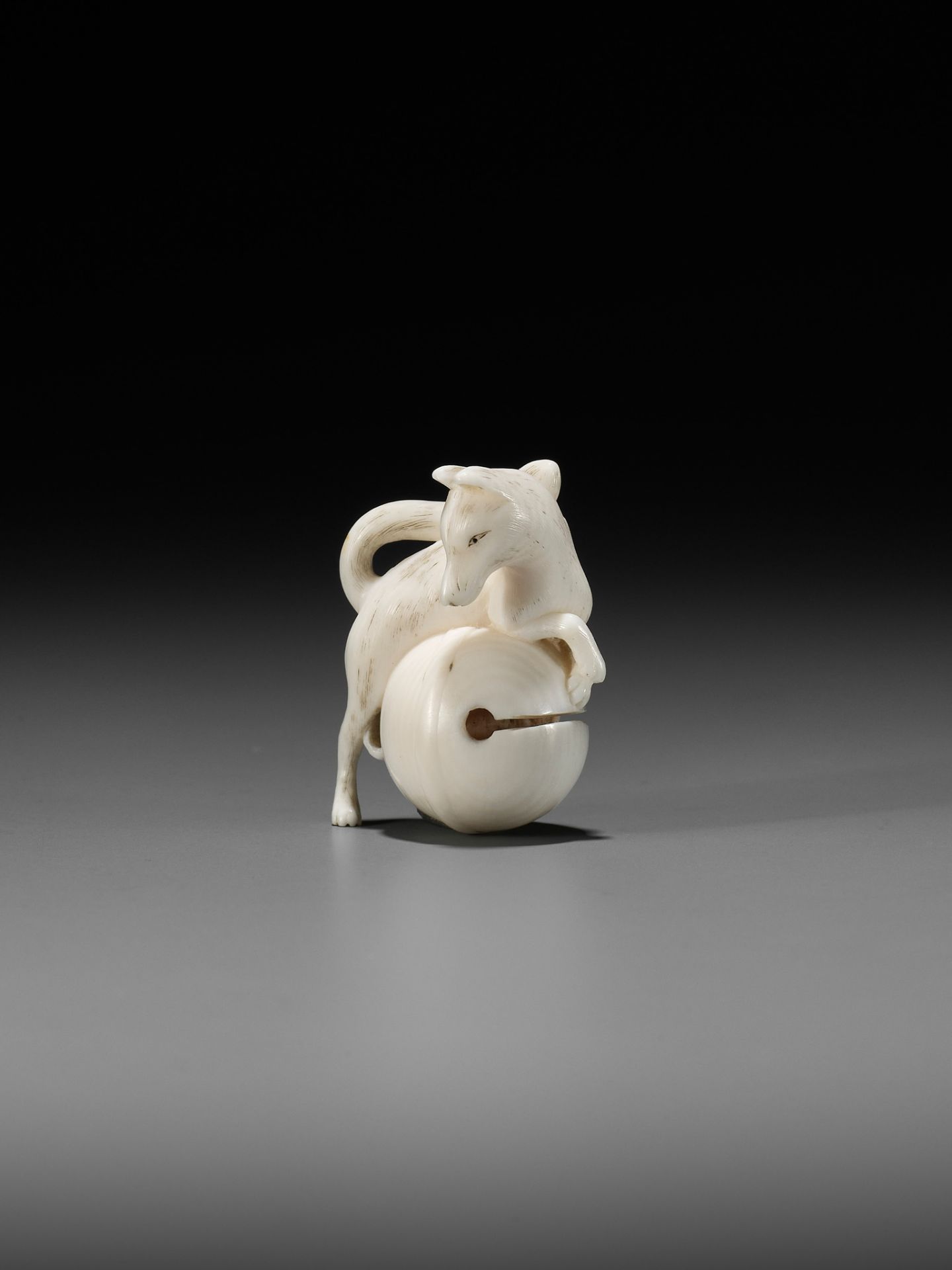 RANTEI: A FINE IVORY NETSUKE OF A FOX WITH TEMPLE BELL - Image 7 of 12