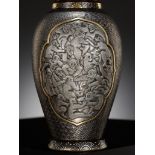 A SUPERB KOMAI-STYLE GOLD AND SILVER INLAID BRONZE VASE WITH MONKEYS