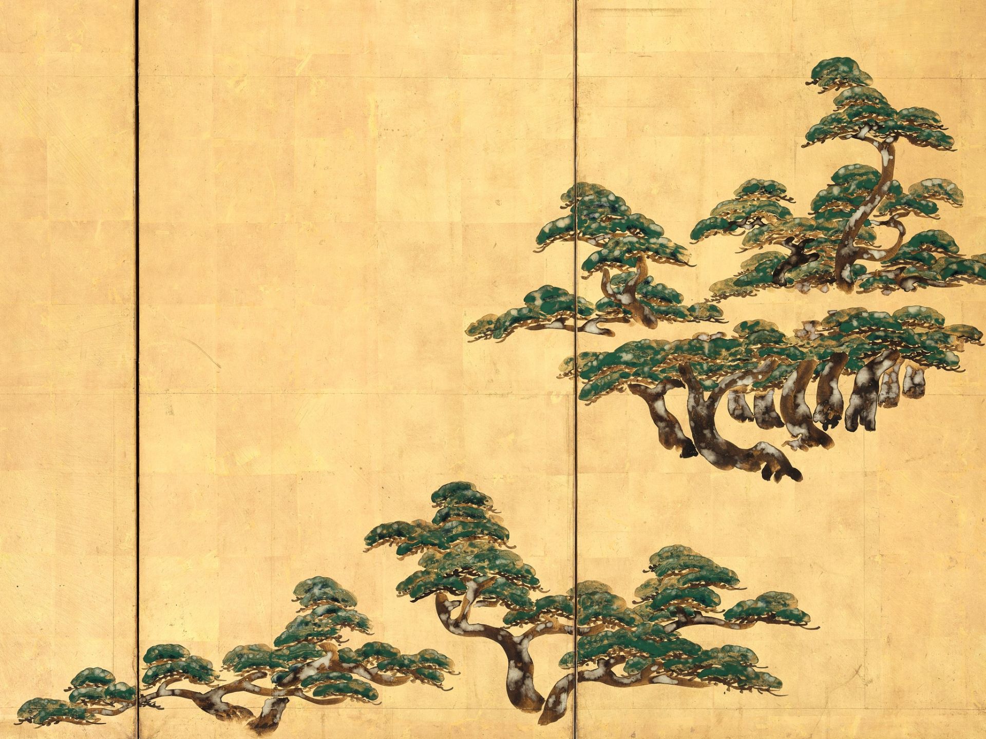 A FINE SIX-PANEL BYOBU SCREEN DEPICTING SNOW COVERED PINES - Image 2 of 4