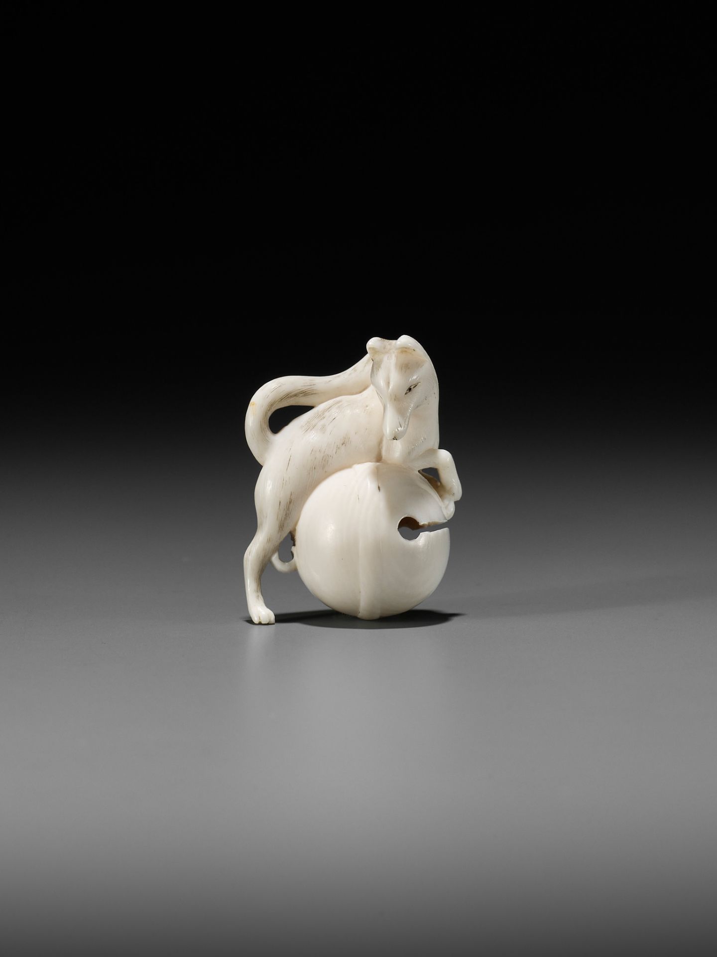 RANTEI: A FINE IVORY NETSUKE OF A FOX WITH TEMPLE BELL - Image 3 of 12