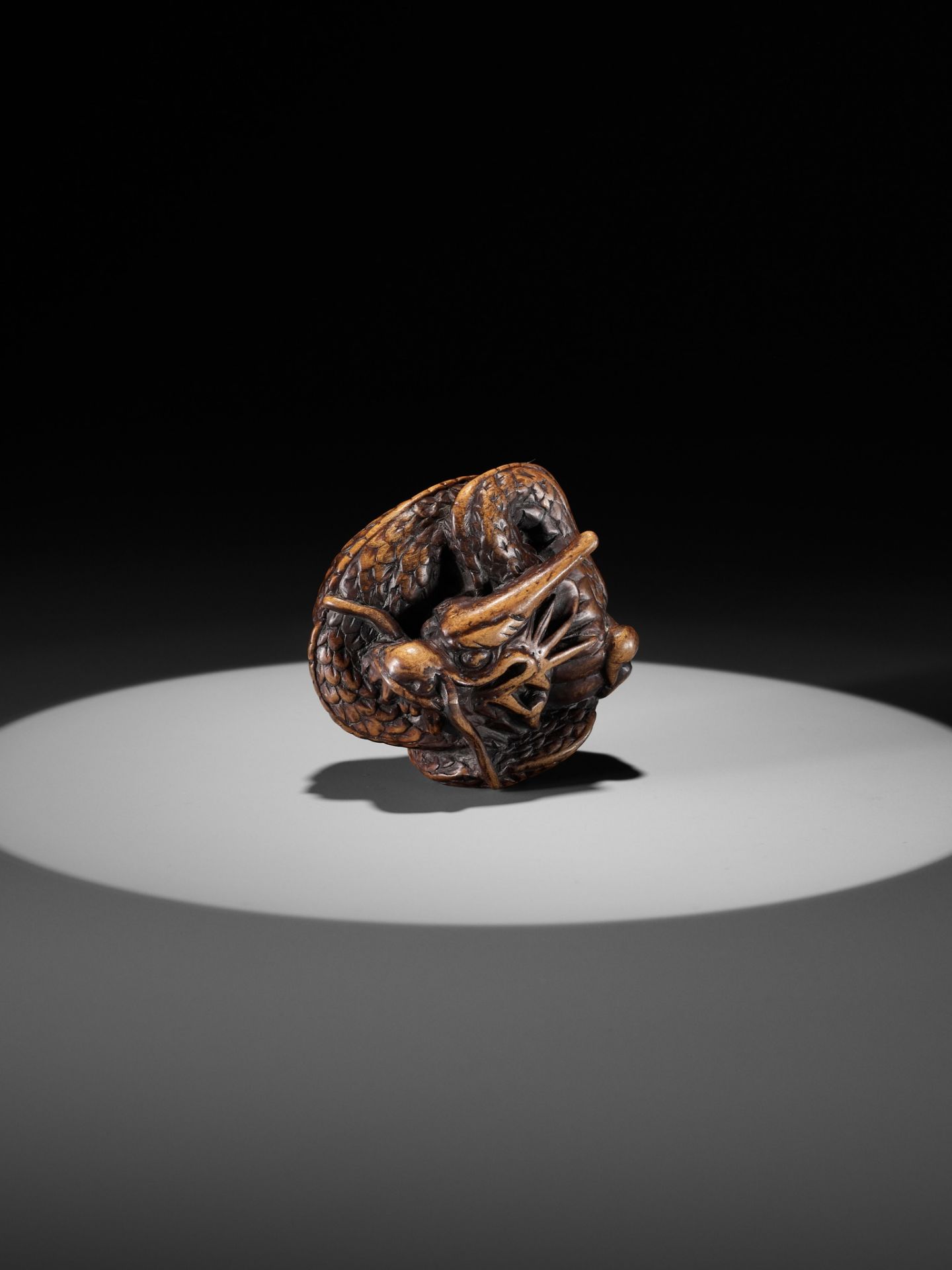 A WOOD NETSUKE OF A COILED DRAGON WITH TAMA - Image 8 of 9