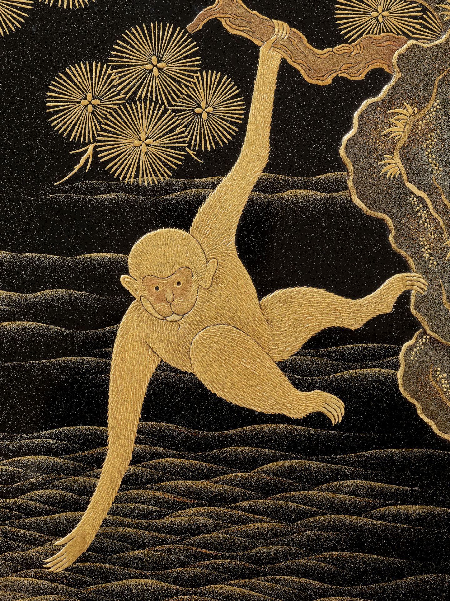 SUZUKI KONYU II: A LACQUER SUZURIBAKO DEPICTING A GIBBON REACHING FOR THE REFLECTION OF THE MOON - Image 2 of 13