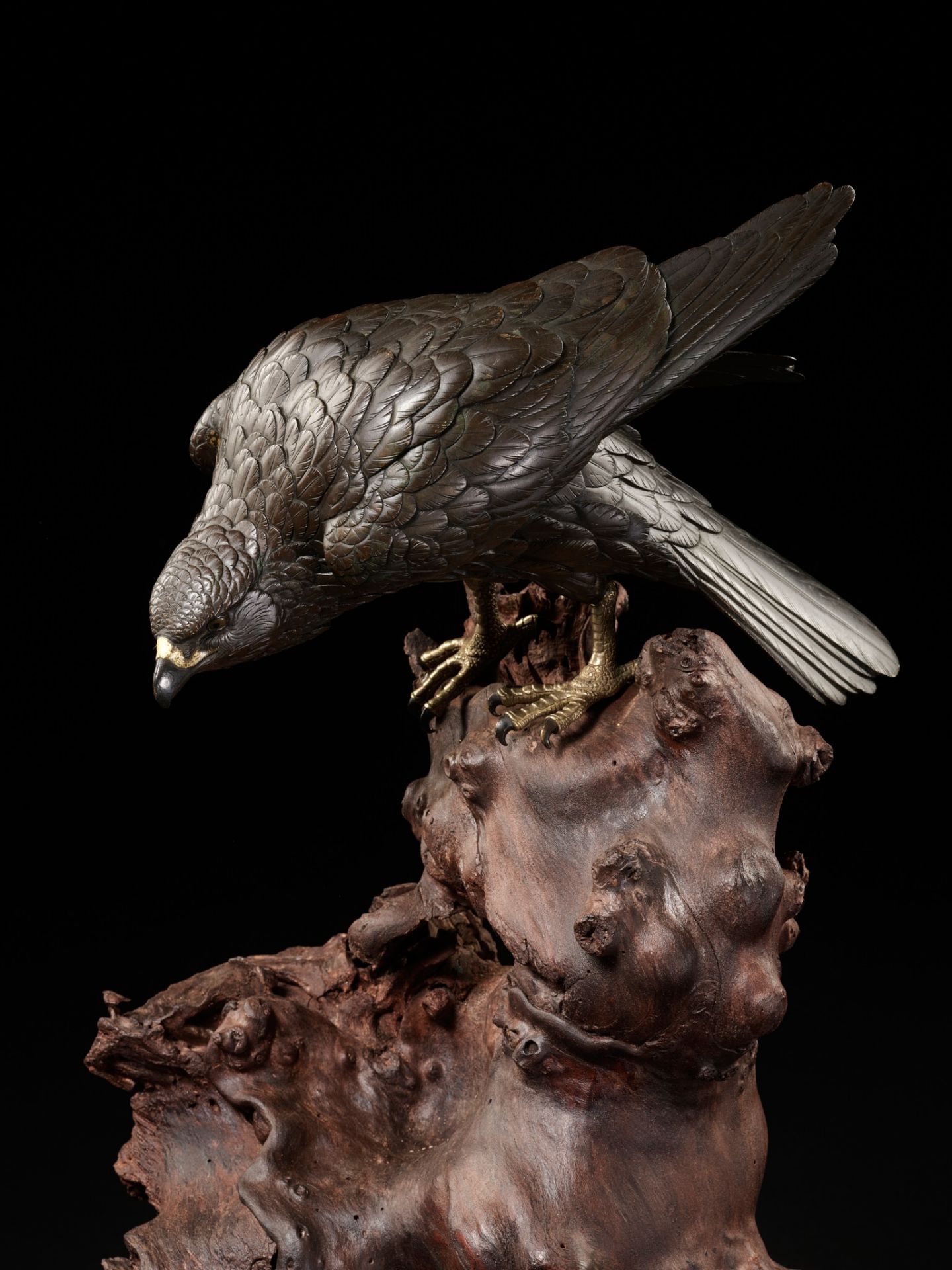 MASATSUNE: A SUPERB AND LARGE BRONZE OKIMONO OF A HAWK ON ROOTWOOD BASE - Image 12 of 13