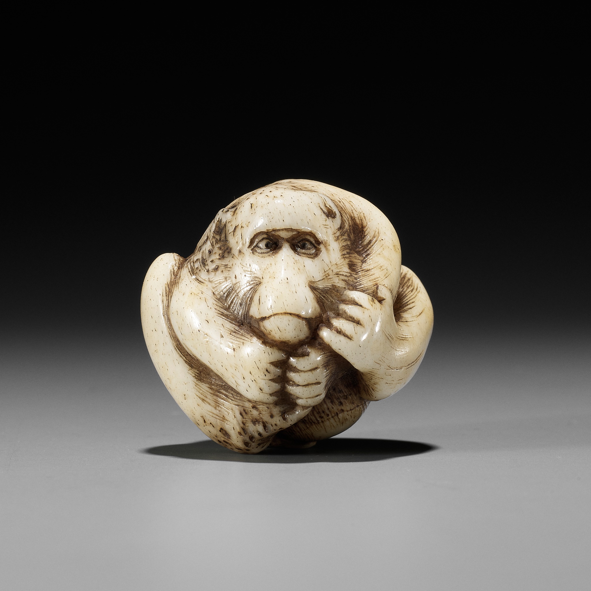 A RARE STAG ANTLER NETSUKE OF A COILED MONKEY