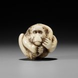 A RARE STAG ANTLER NETSUKE OF A COILED MONKEY