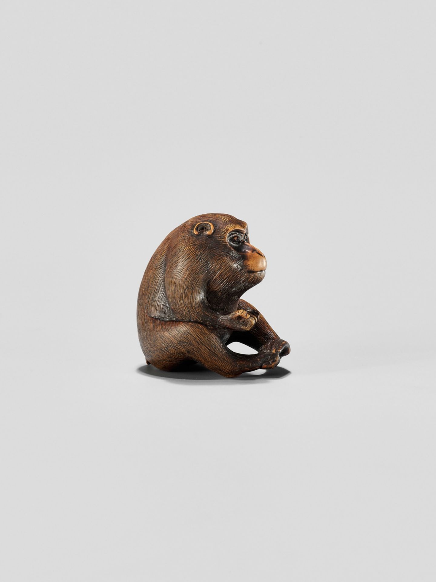 KAZUMASA: A WOOD NETSUKE OF A MONKEY PICKING FLEAS - Image 6 of 11