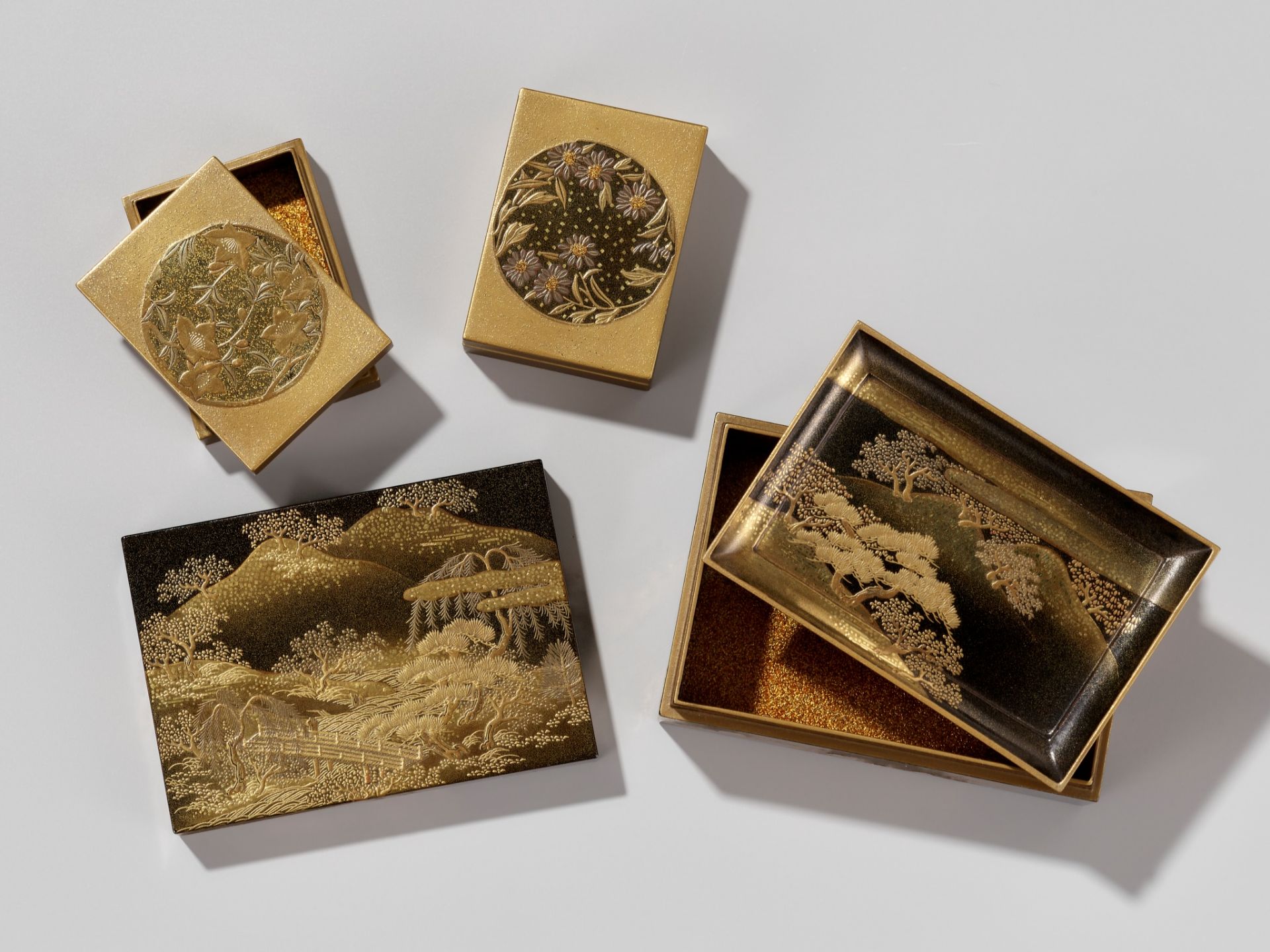 A RARE LACQUER BOX AND COVER WITH INTERIOR TRAY AND TWO SMALLER BOXES, FOR THE INCENSE MATCHING GAME