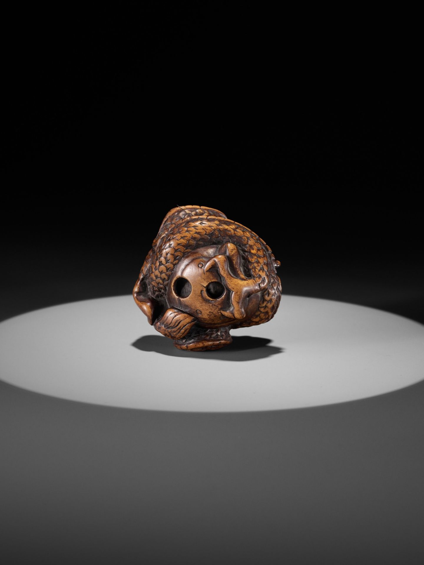 A WOOD NETSUKE OF A COILED DRAGON WITH TAMA - Image 2 of 9