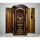 A SUPERB AND LARGE LACQUERED WOOD ZUSHI CONTAINING A GILT WOOD FIGURE OF AMIDA NYORAI