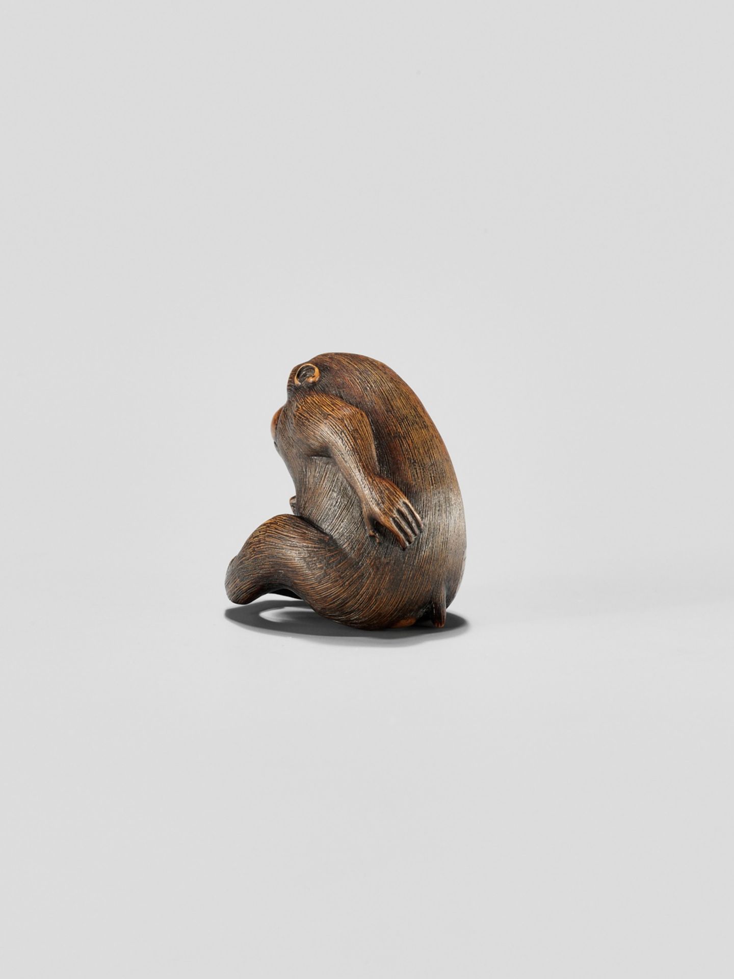 KAZUMASA: A WOOD NETSUKE OF A MONKEY PICKING FLEAS - Image 4 of 11