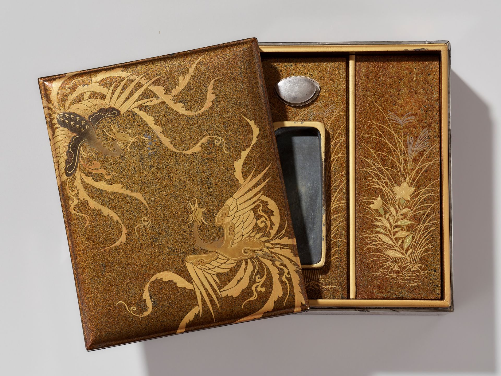 A RARE LACQUER BUNKO (DOCUMENT BOX) WITH INTEGRATED SUZURIBAKO (WRITING BOX)