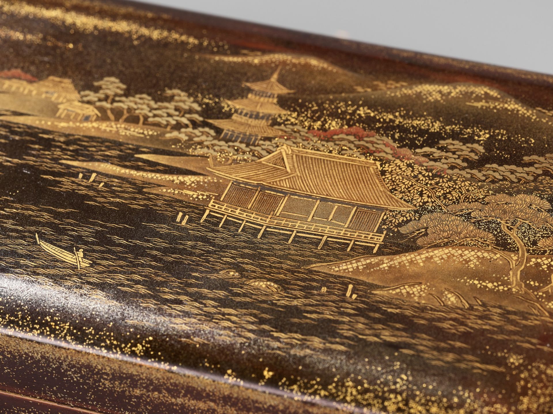 ZOHIKO: A LACQUER KOBAKO (SMALL BOX) AND COVER DEPICTING A SEASHORE LANDSCAPE WITH PAGODA - Image 3 of 9