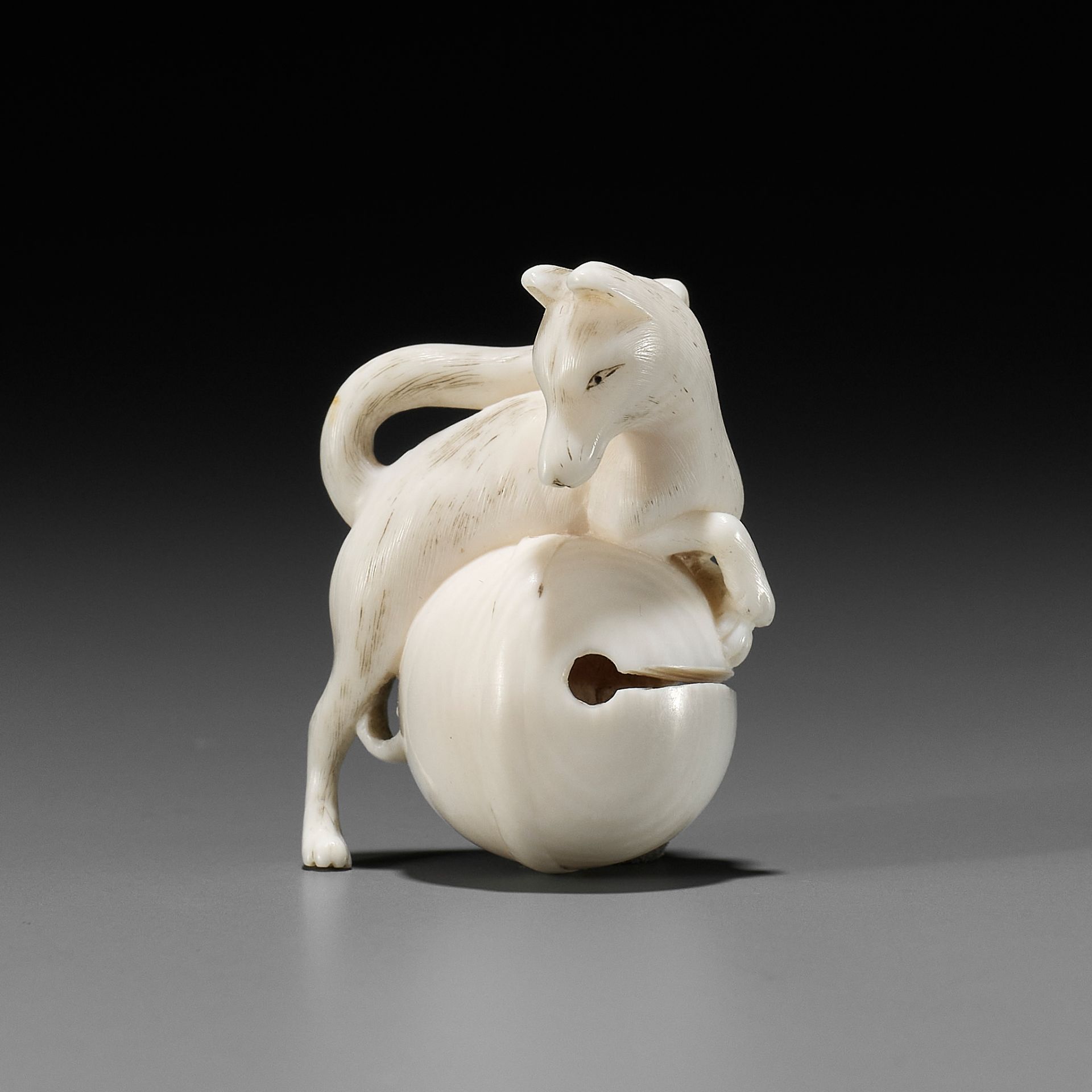 RANTEI: A FINE IVORY NETSUKE OF A FOX WITH TEMPLE BELL