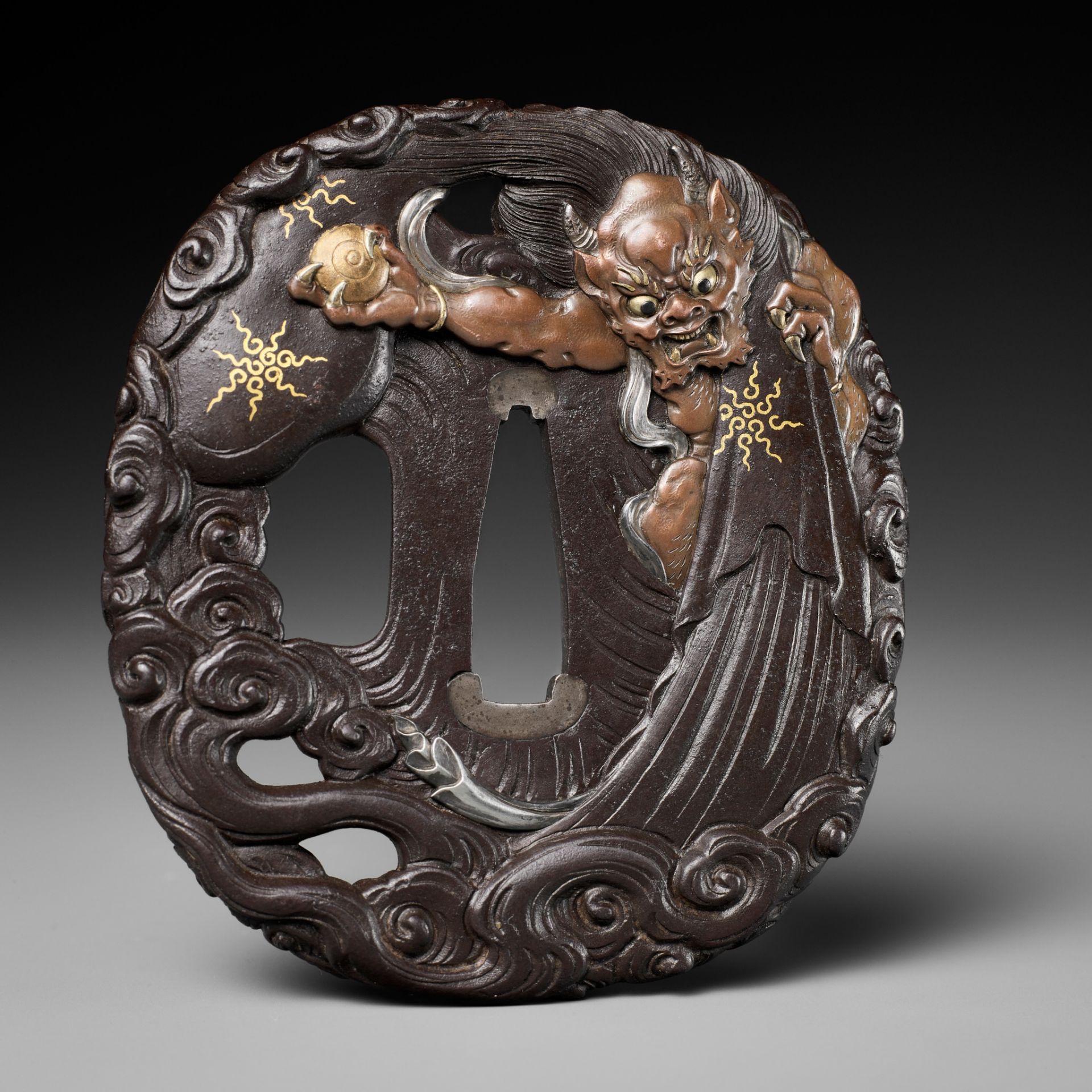 MIBOKU MASAYUKI: A MASTERFUL IRON TSUBA DEPICTING FUTEN