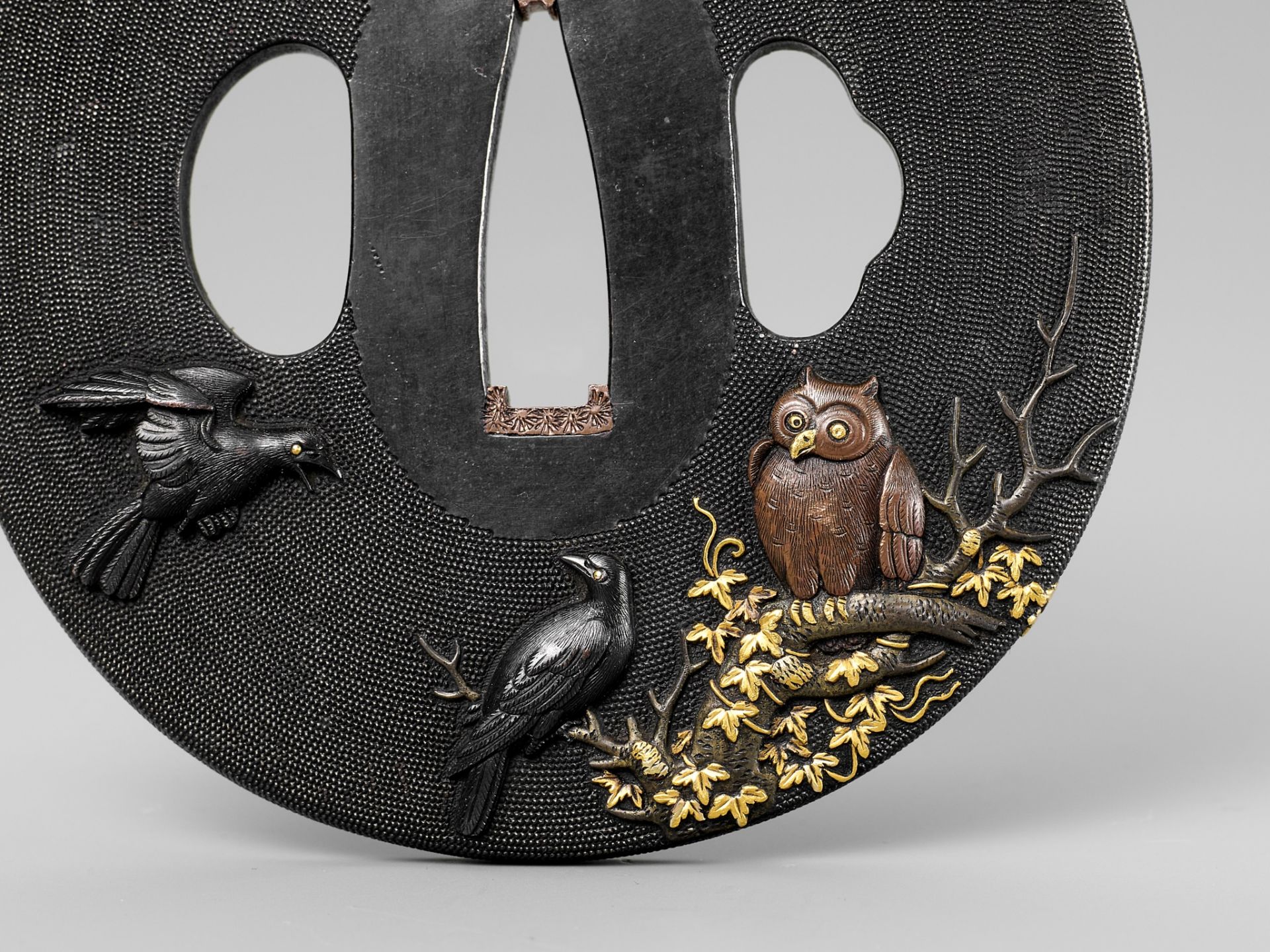 MASAYOSHI: A SUPERB ISHIGURO SCHOOL NANAKO SHAKUDO TSUBA DAISHO SET WITH CROWS AND OWLS - Bild 4 aus 6