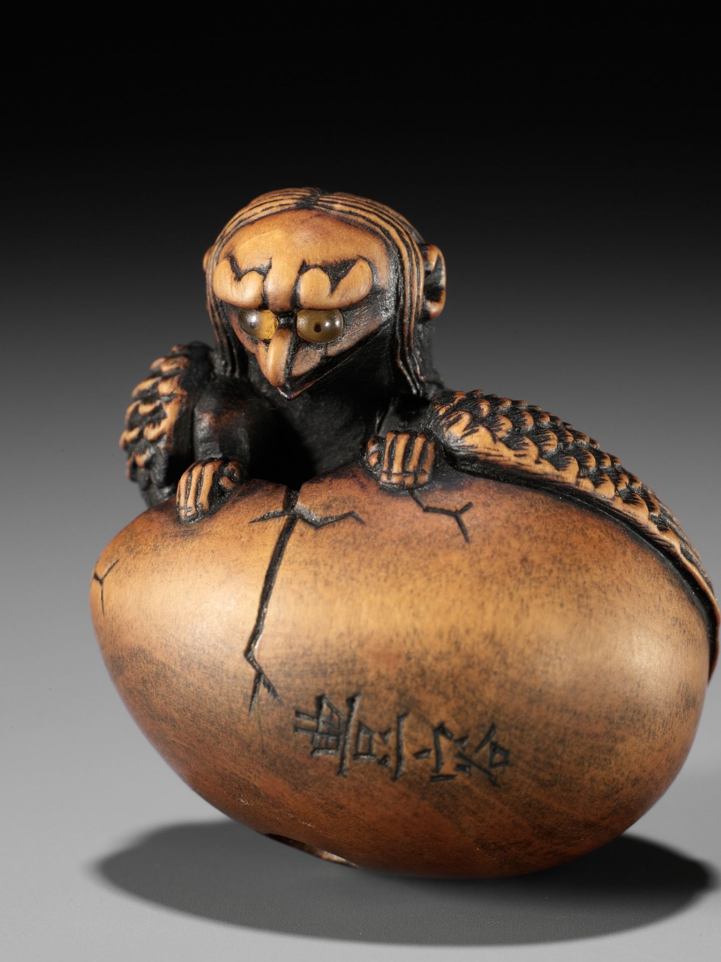 TOYOYO: A WOOD NETSUKE OF A HATCHING TENGU (TENGU NO TOMAGO) - Image 12 of 14