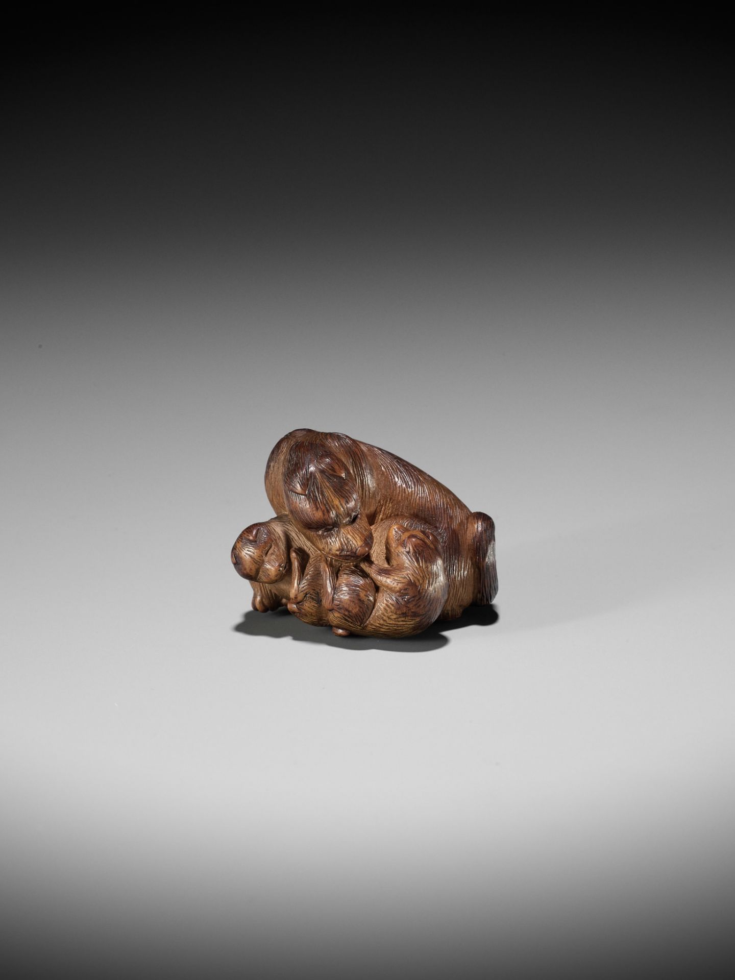 SHIGEHIRO: A CHARMING WOOD NETSUKE OF A DOG AND TWO PUPS - Bild 2 aus 13