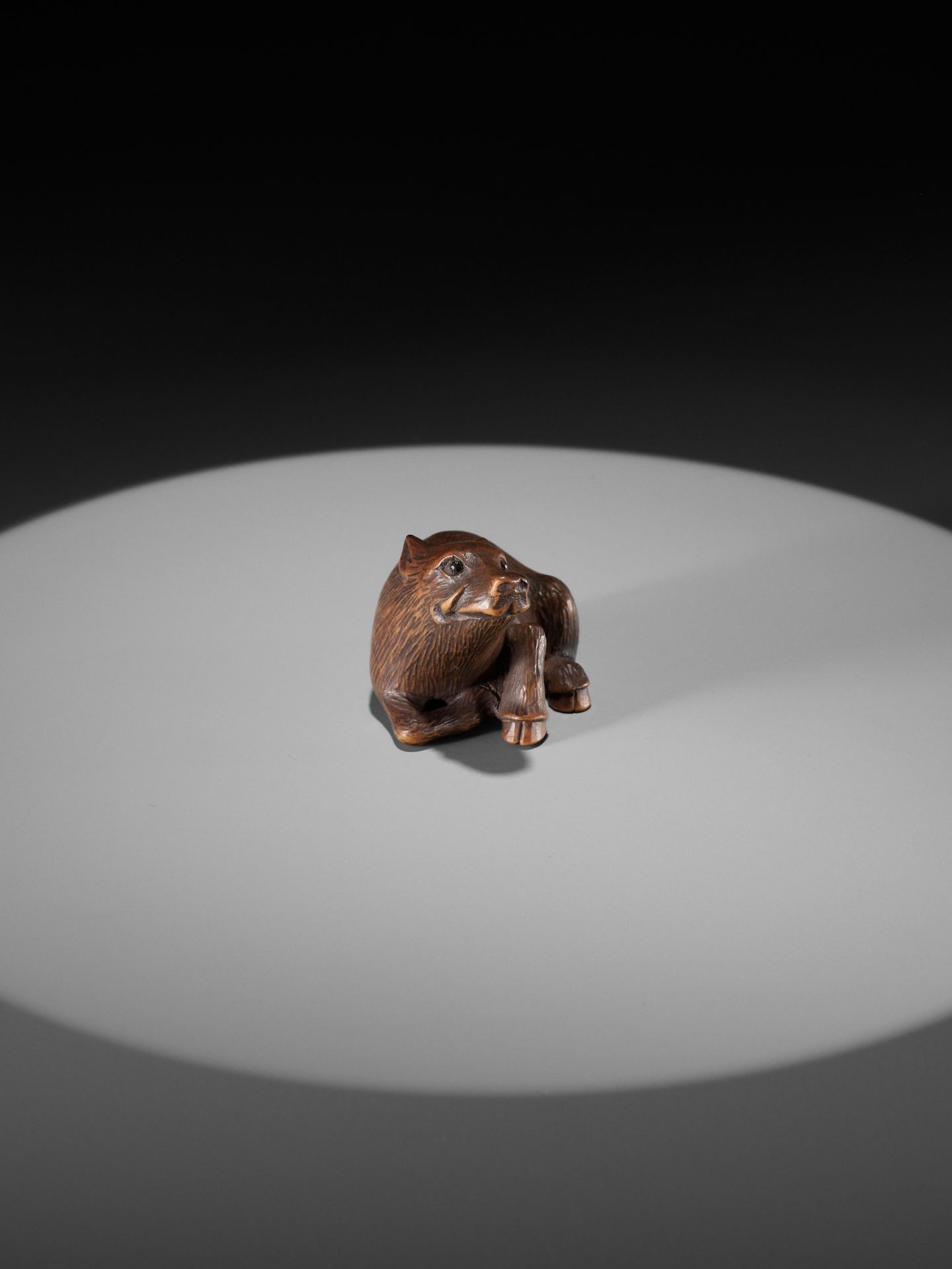 A WOOD NETSUKE OF A RECUMBENT BOAR, INSCRIBED MASANAO - Image 9 of 14