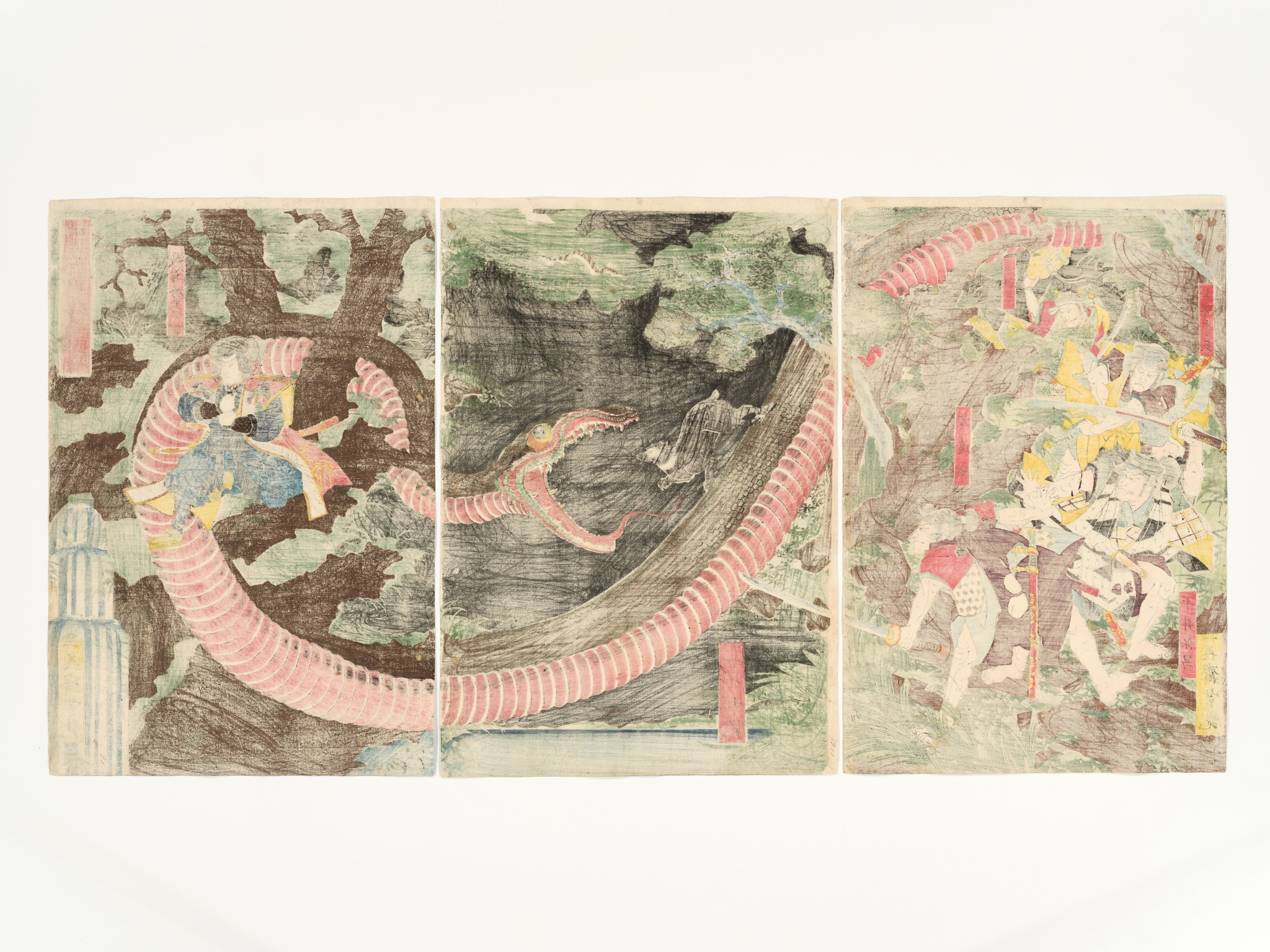 ICHIEISAI YOSHITSUYA: TRIPTYCH OF YORIMITSU TRIES TO CAPTURE HAKAMADARE BY DESTROYING HIS MAGIC - Image 17 of 17