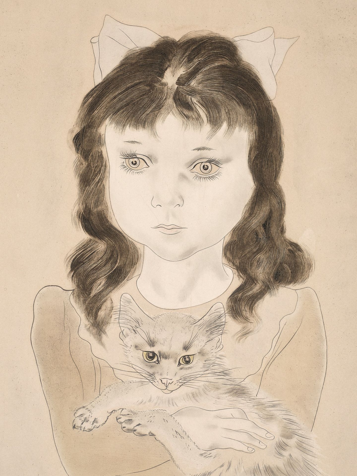 LEONARD TSUGUHARU FOUJITA (1886-1968), FILLETTE AU CHAT, FROM LES ENFANTS