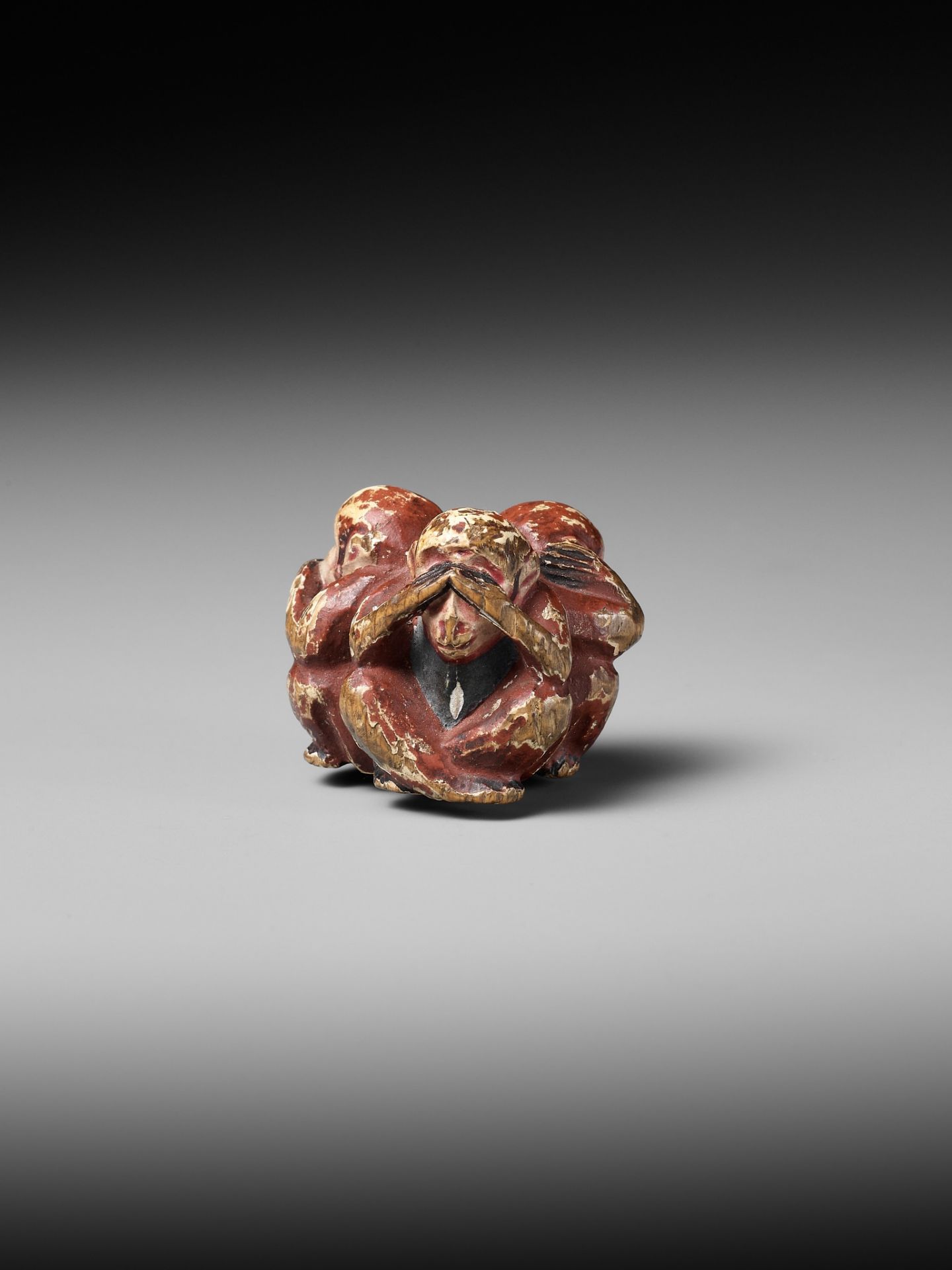 A SAISHIKI (PAINTED WOOD) NETSUKE OF THE SAMBIKI SARU (THREE WISE MONKEYS) - Image 8 of 12